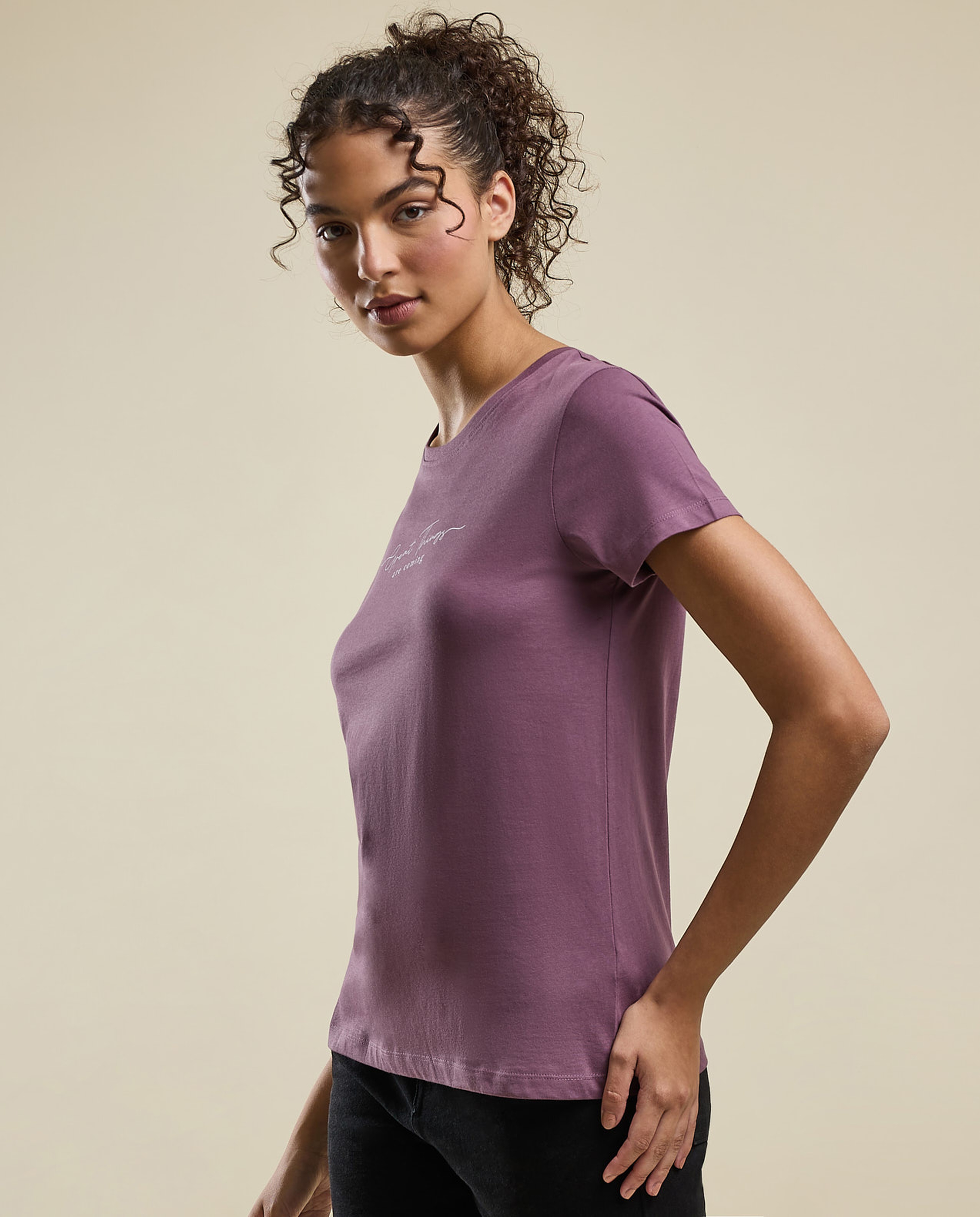 Typography Print T-Shirt with Crew Neck and Short Sleeves