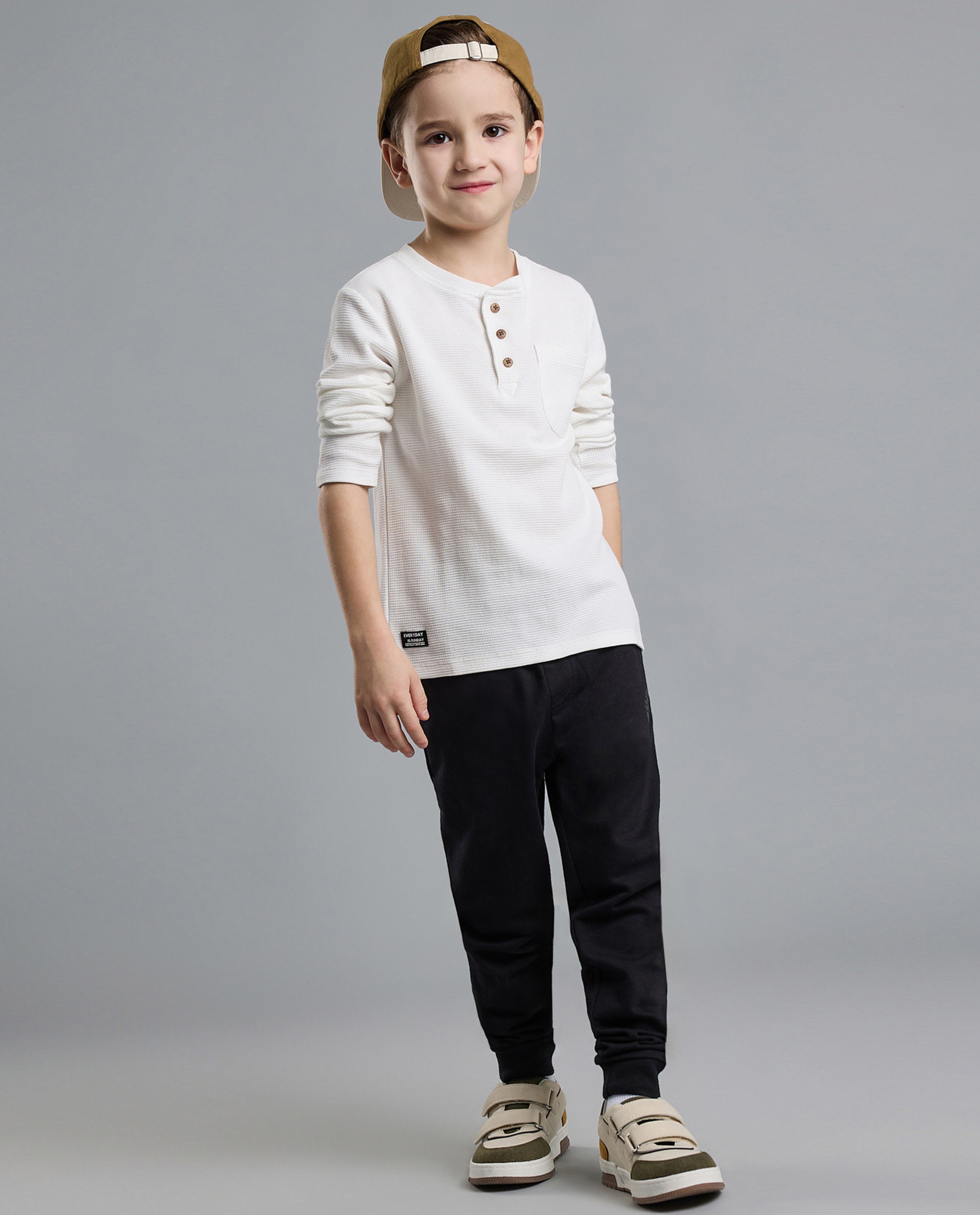 Textured T-Shirt with Henley Neck and Long Sleeves