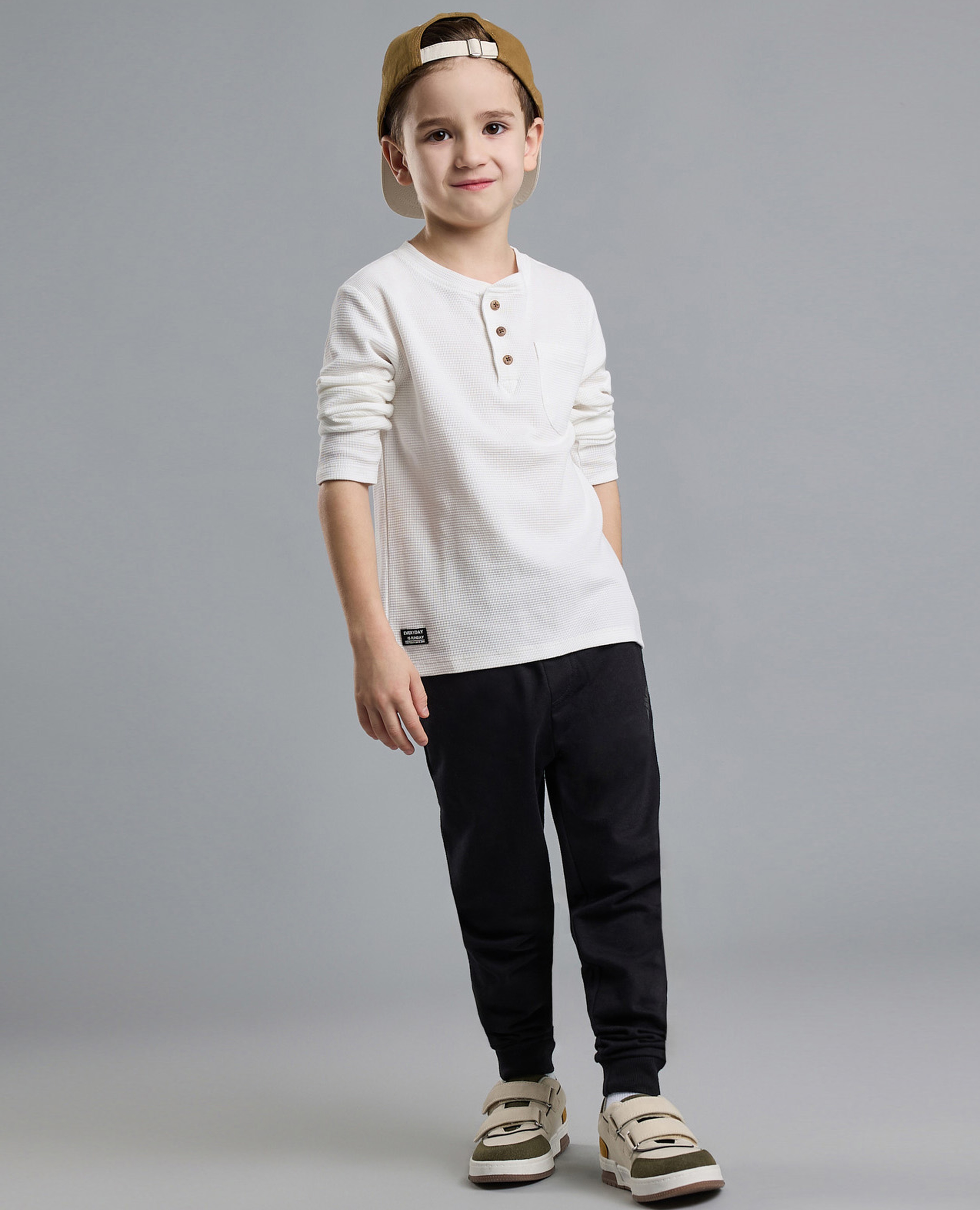 Textured T-Shirt with Henley Neck and Long Sleeves