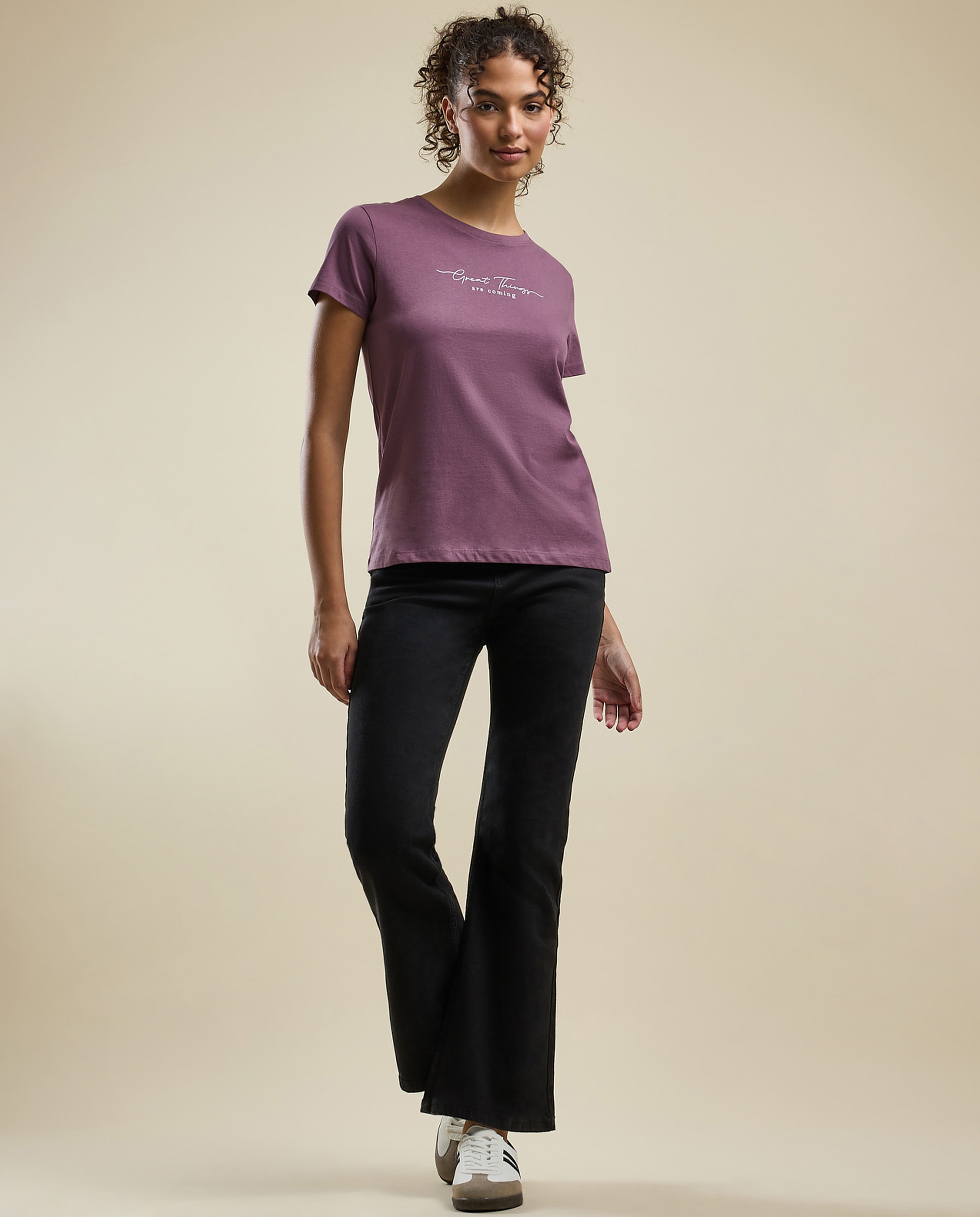 Typography Print T-Shirt with Crew Neck and Short Sleeves