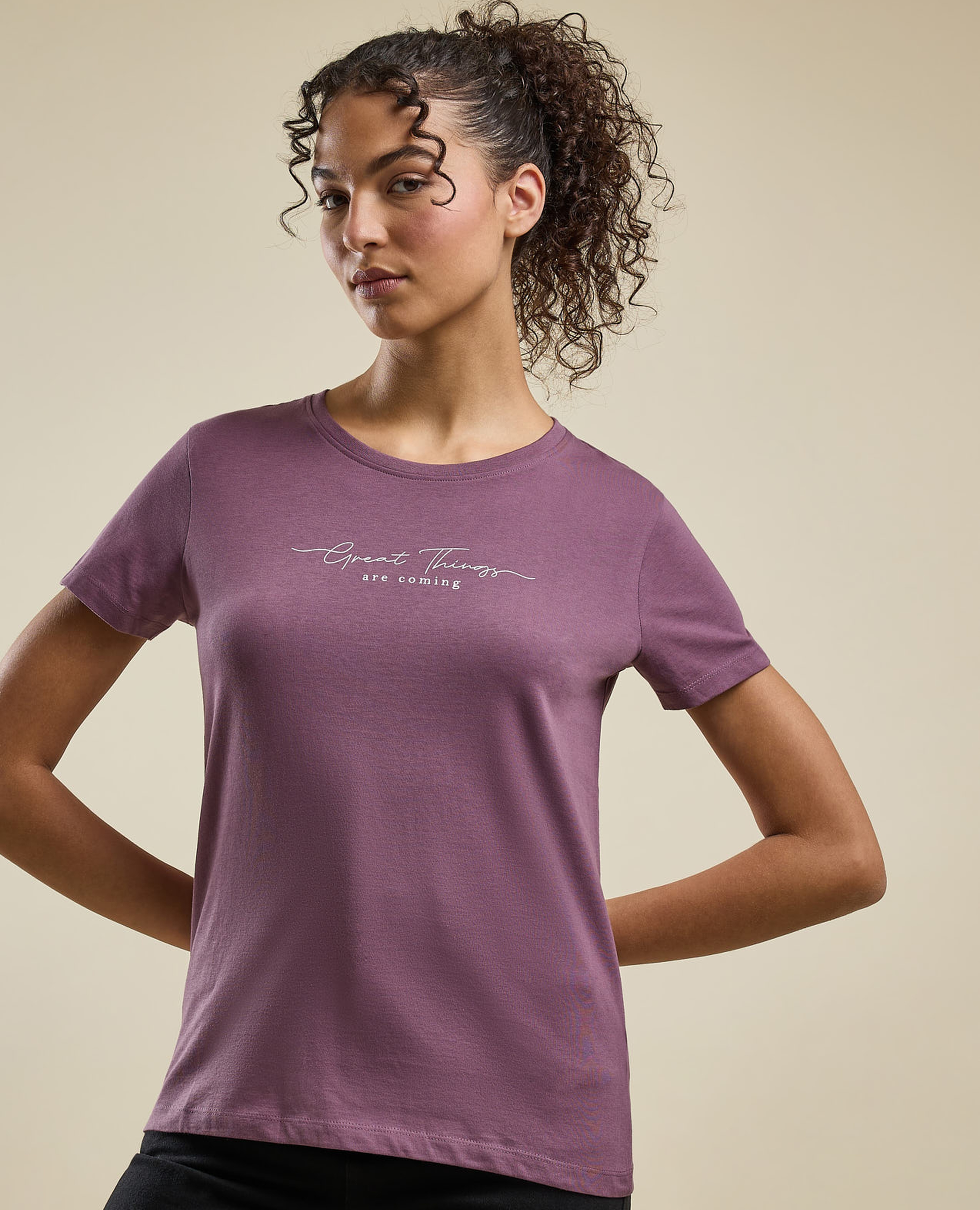 Typography Print T-Shirt with Crew Neck and Short Sleeves