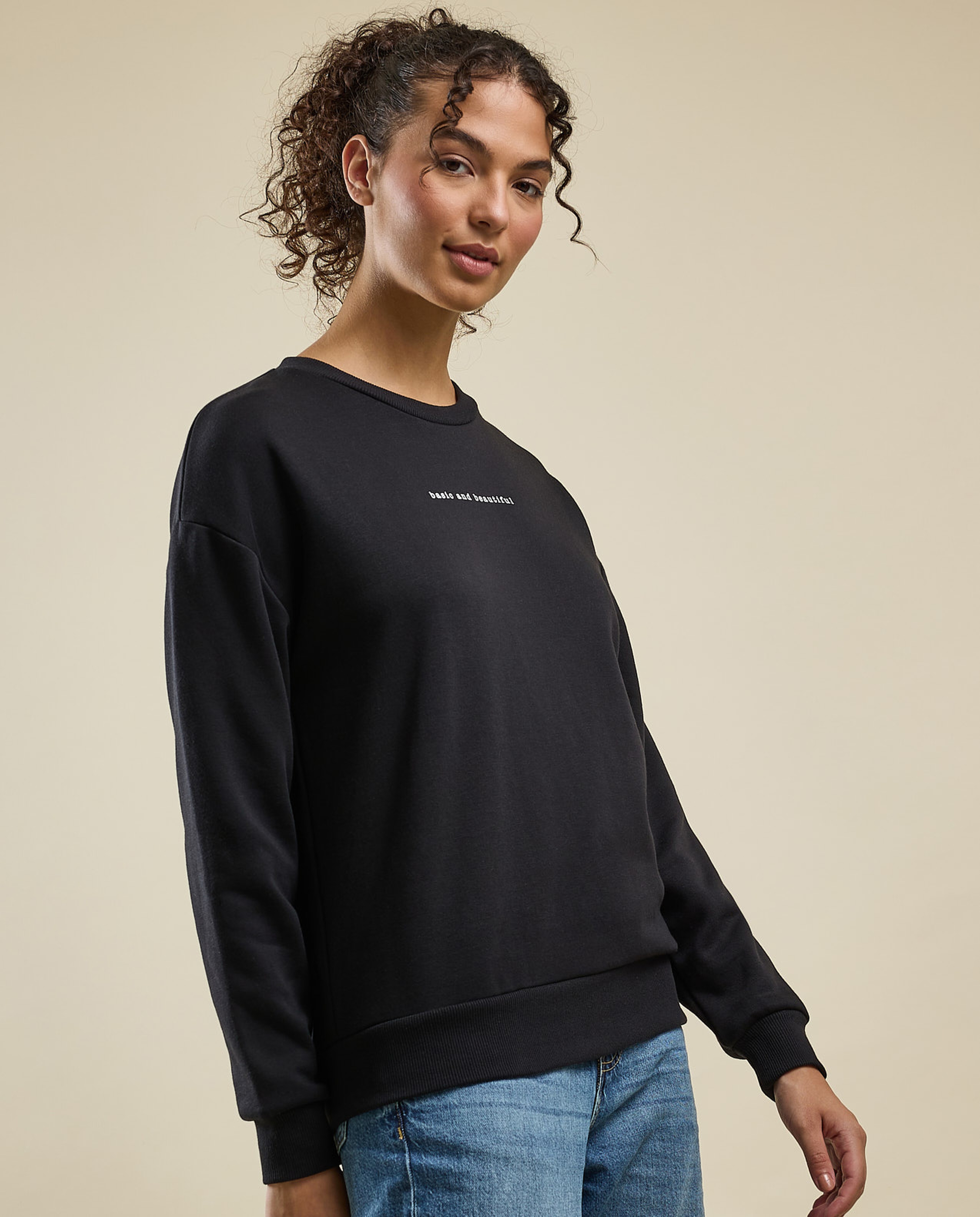 Typography Print Sweatshirt with Crew Neck and Long Sleeves