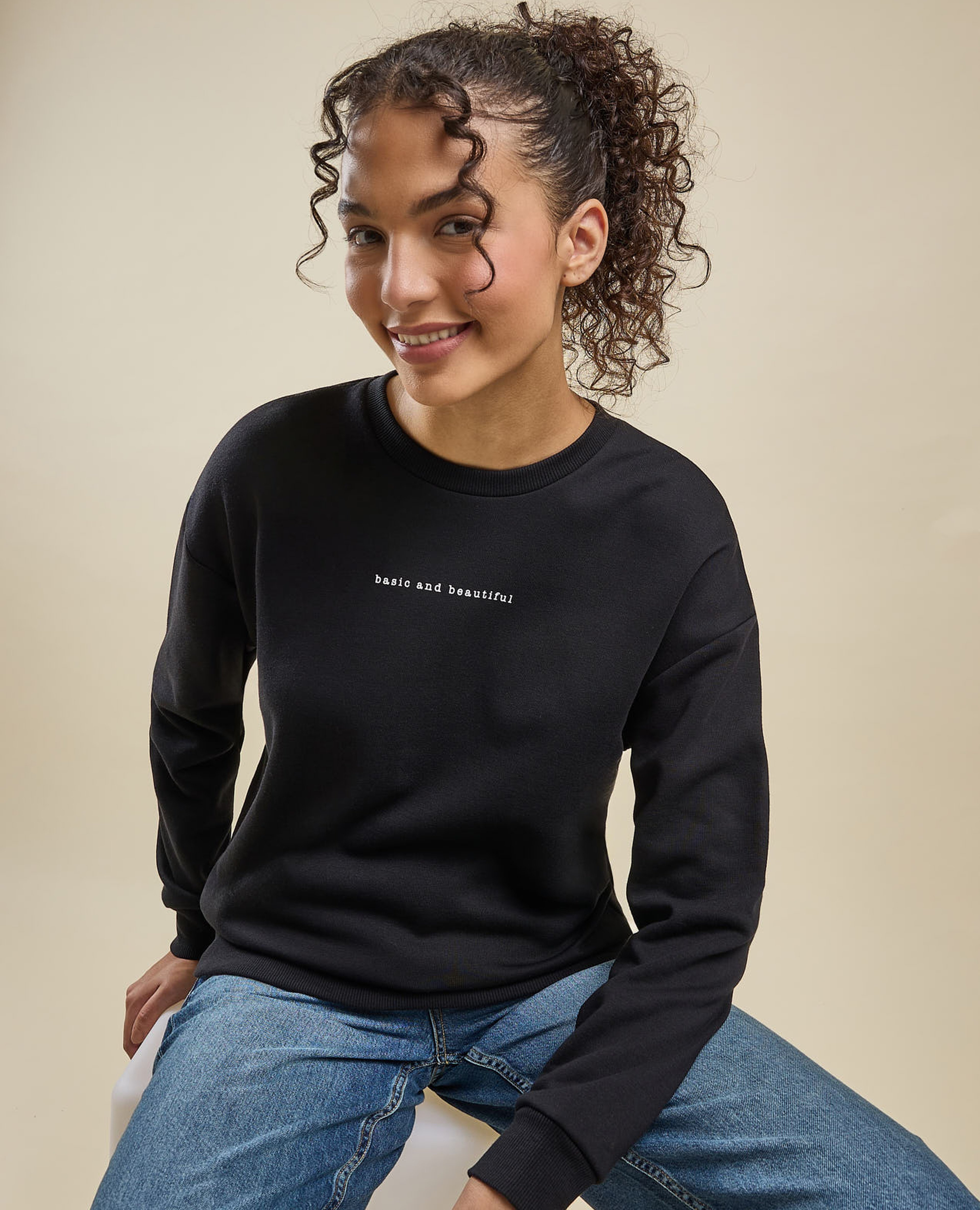 Typography Print Sweatshirt with Crew Neck and Long Sleeves