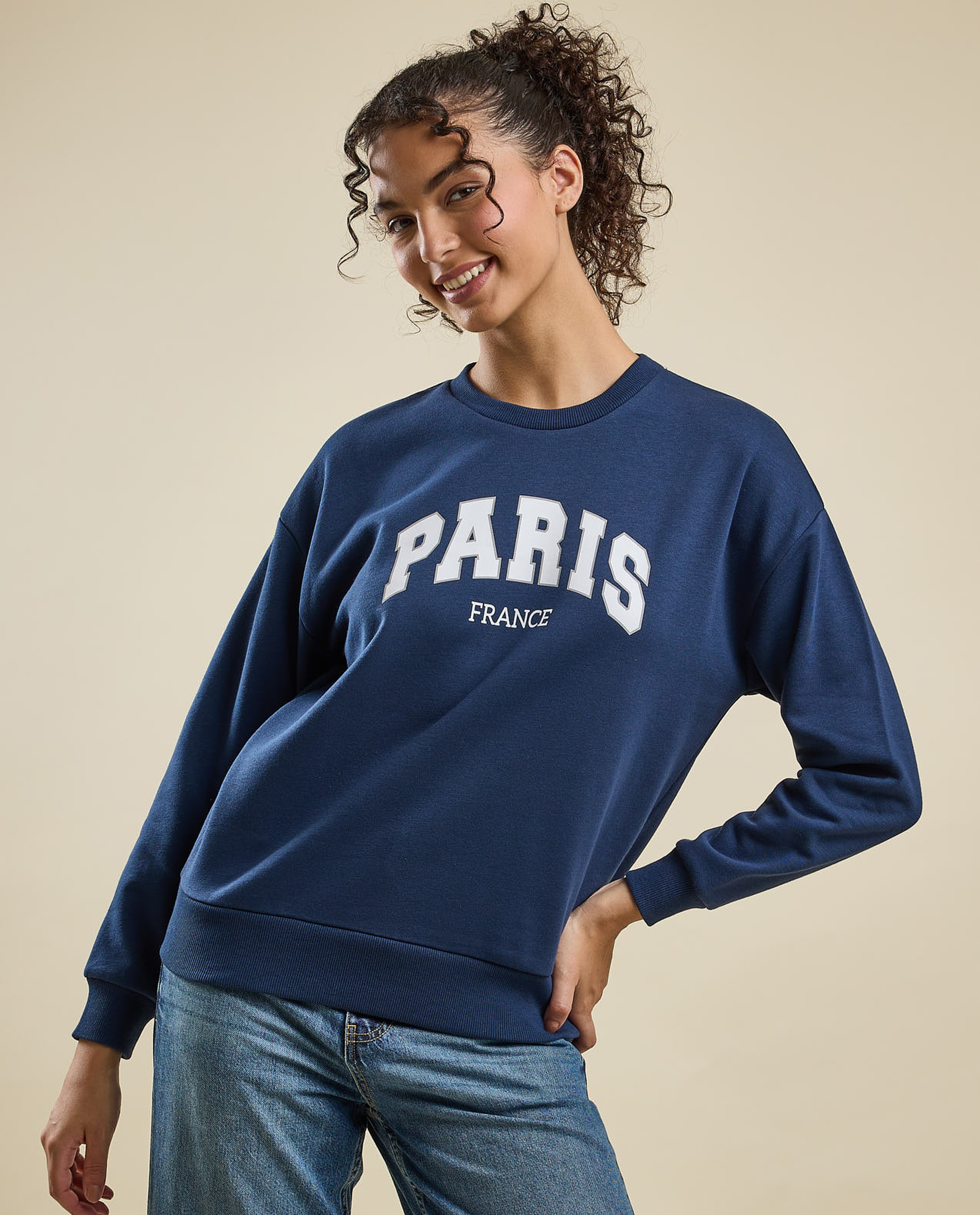 Typography Print Sweatshirt with Crew Neck and Long Sleeves