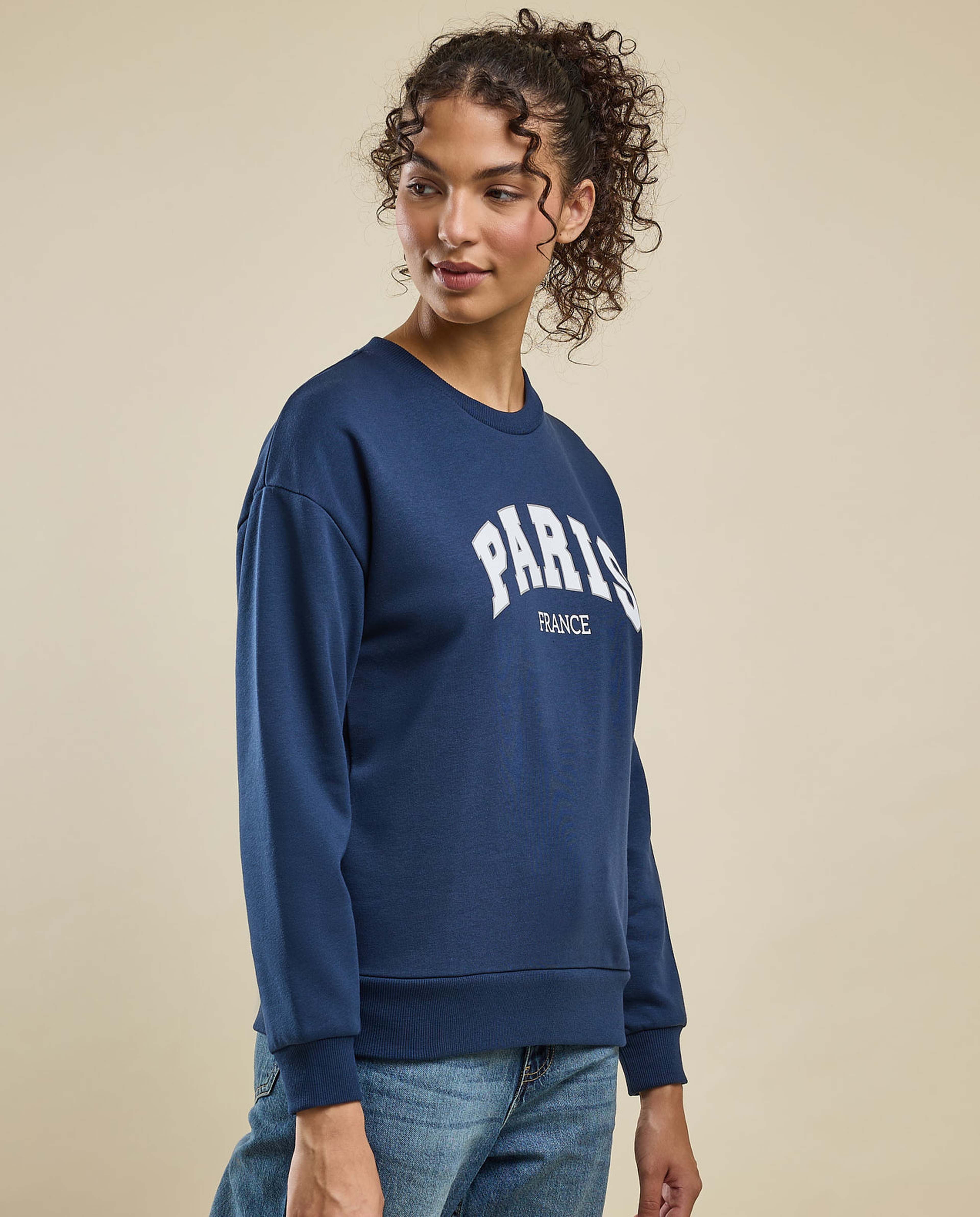 Typography Print Sweatshirt with Crew Neck and Long Sleeves
