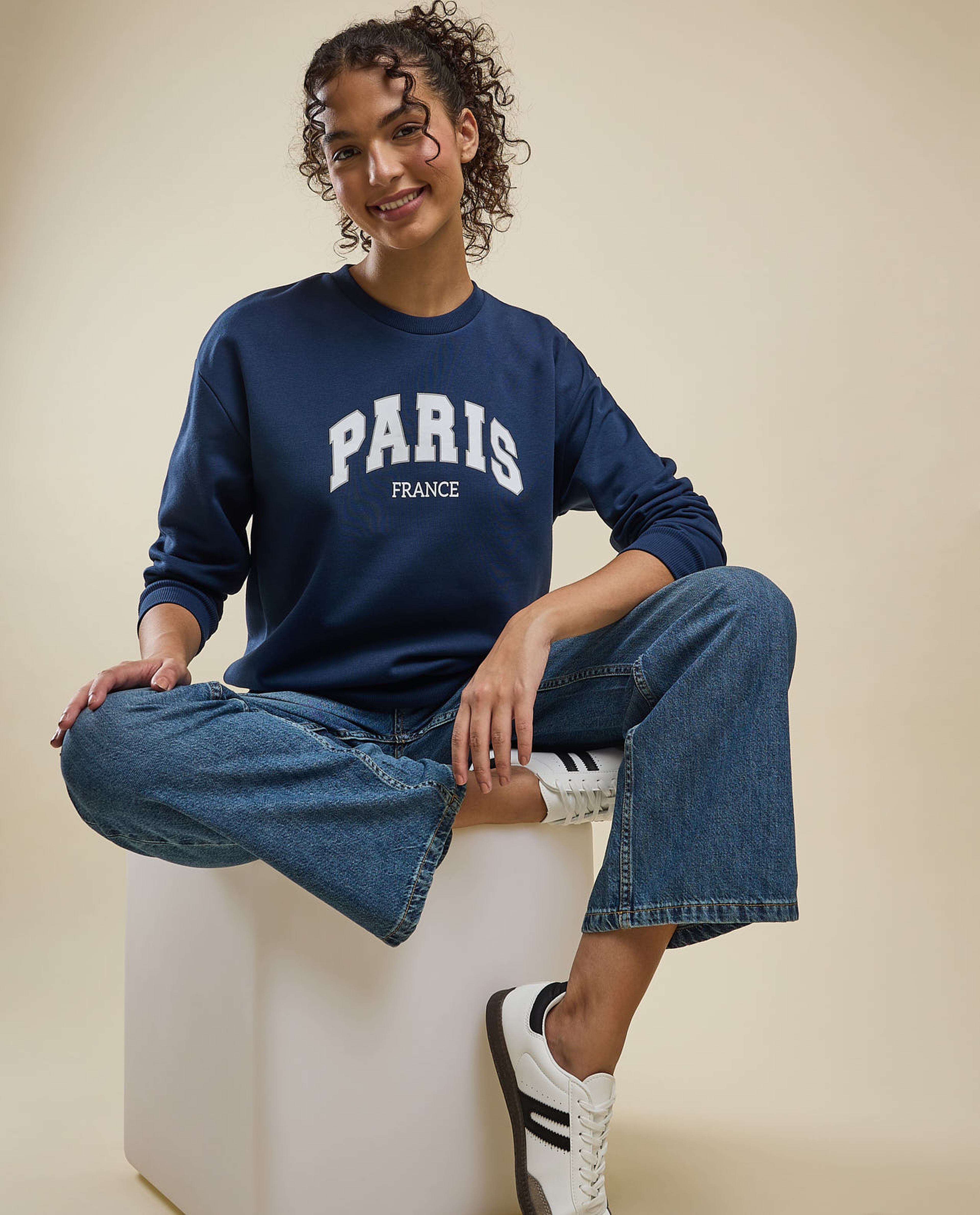 Typography Print Sweatshirt with Crew Neck and Long Sleeves