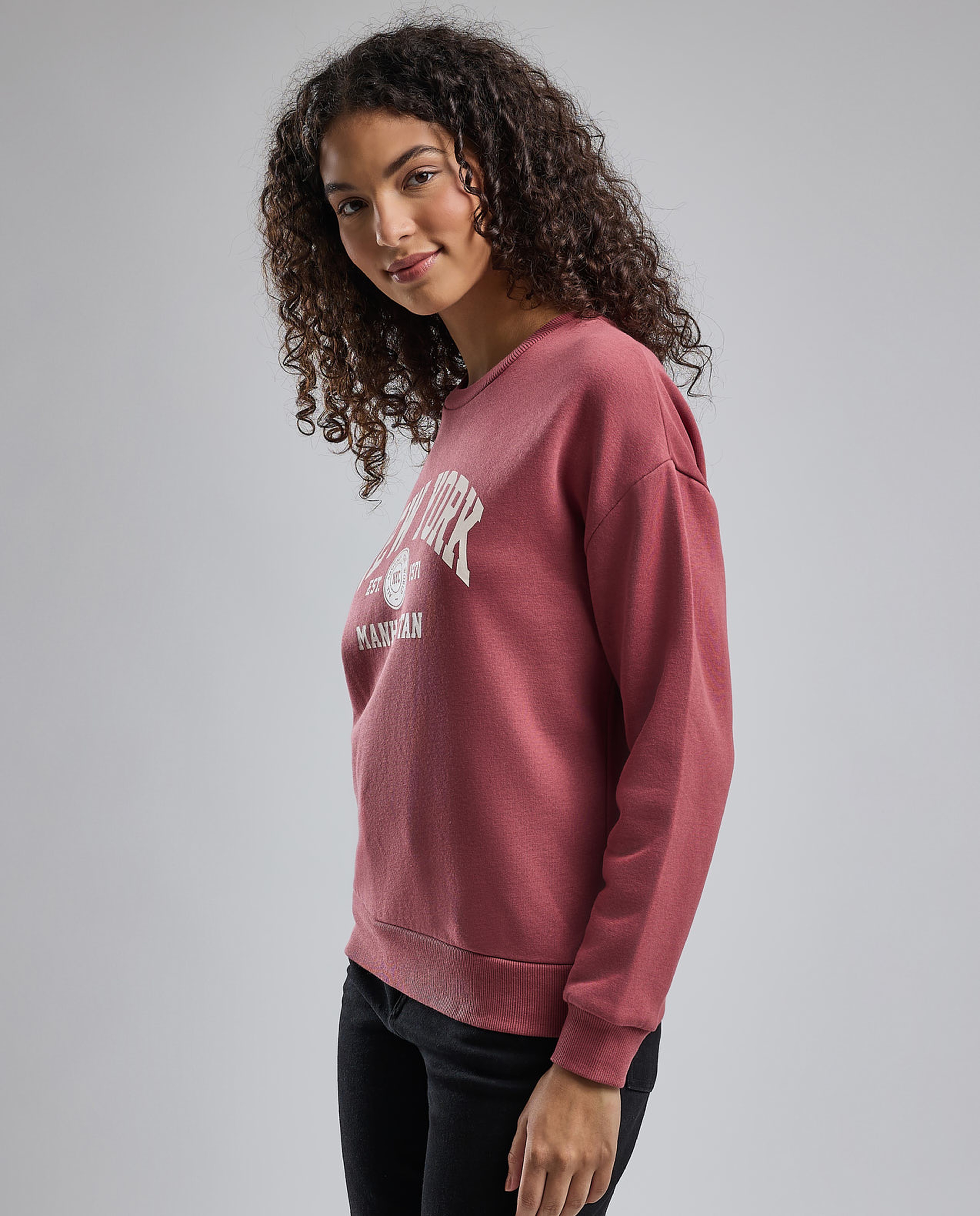 Typography Print Sweatshirt with Crew Neck and Long Sleeves