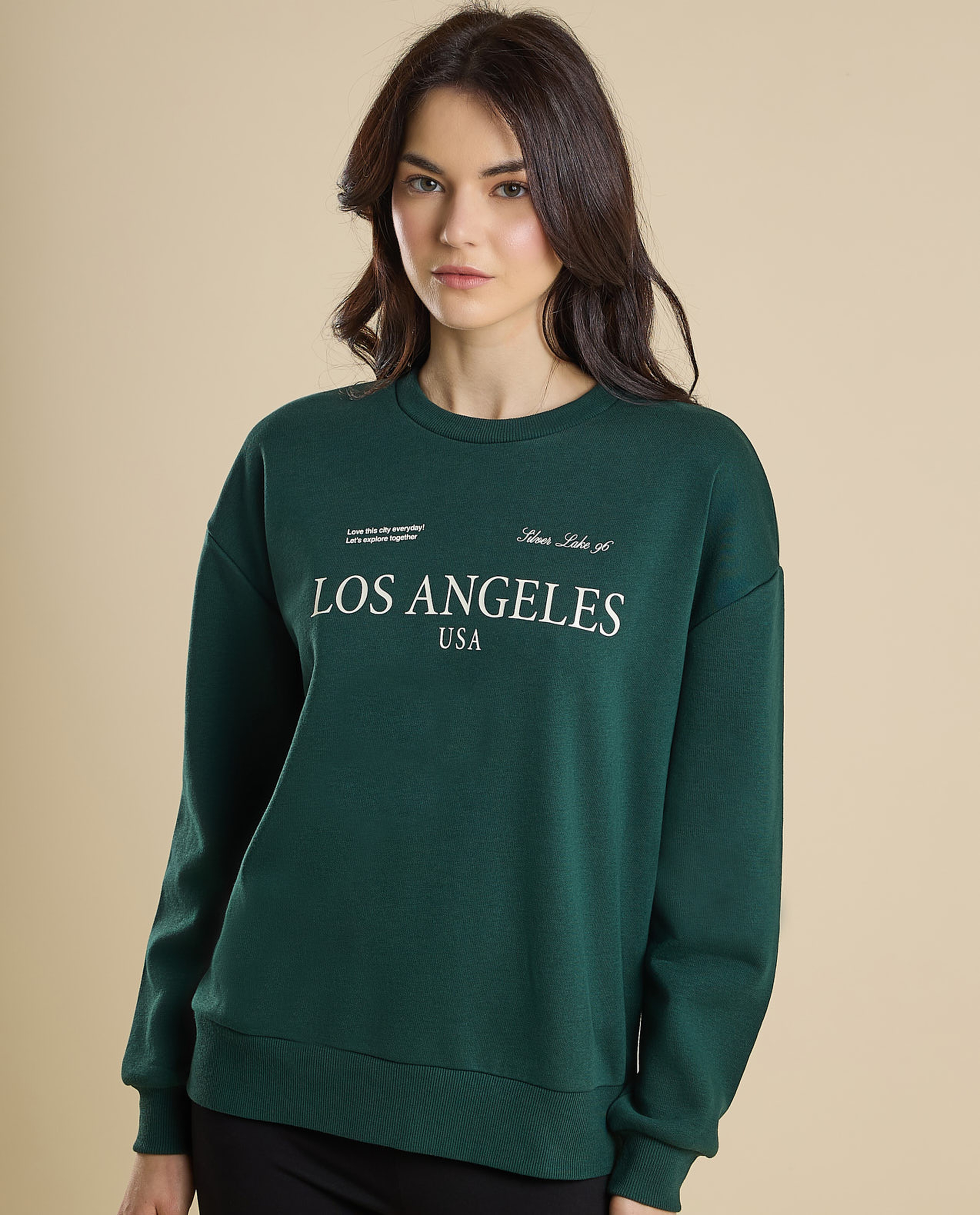 Typography Print Sweatshirt with Crew Neck and Long Sleeves