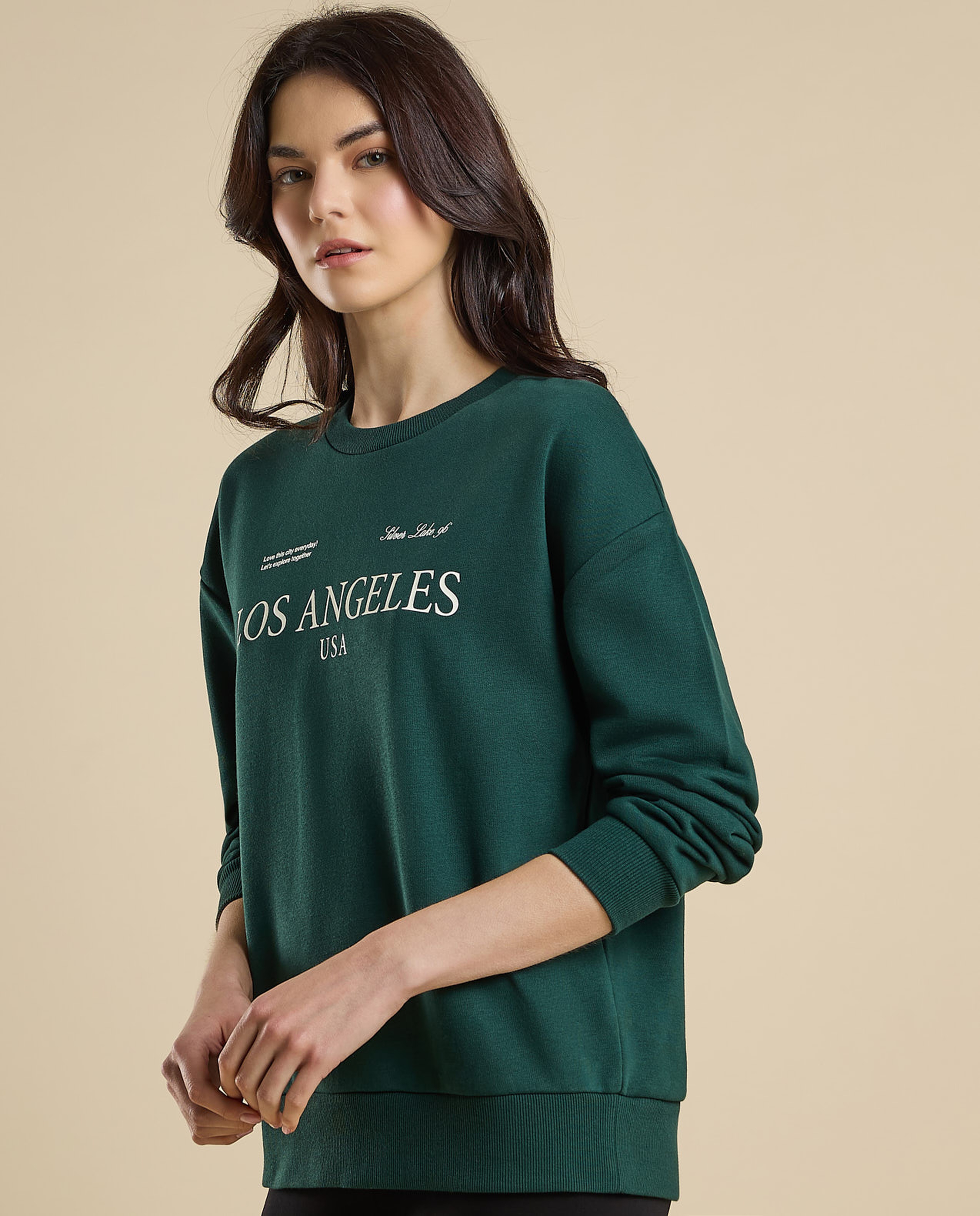 Typography Print Sweatshirt with Crew Neck and Long Sleeves