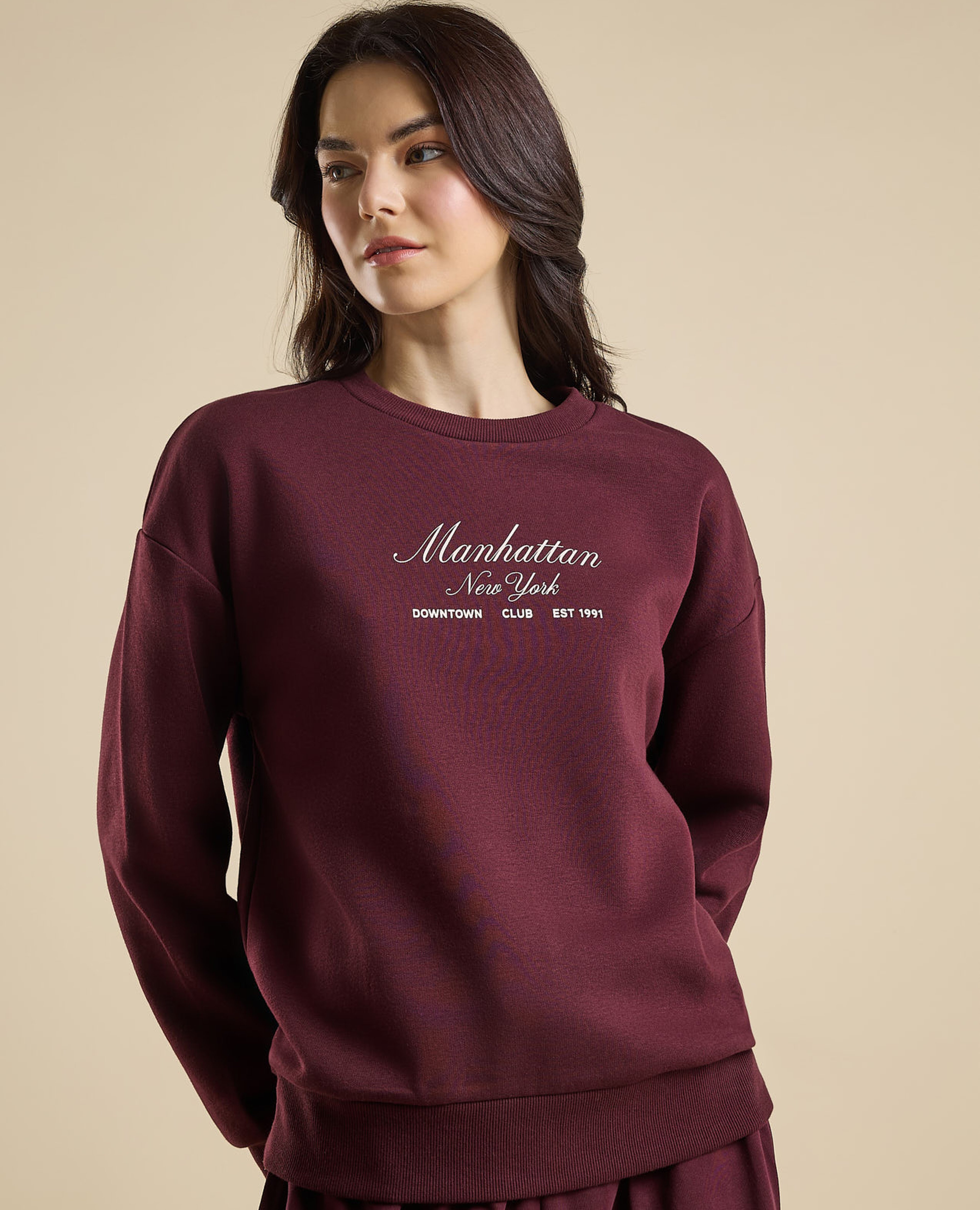 Typography Print Sweatshirt with Crew Neck and Long Sleeves