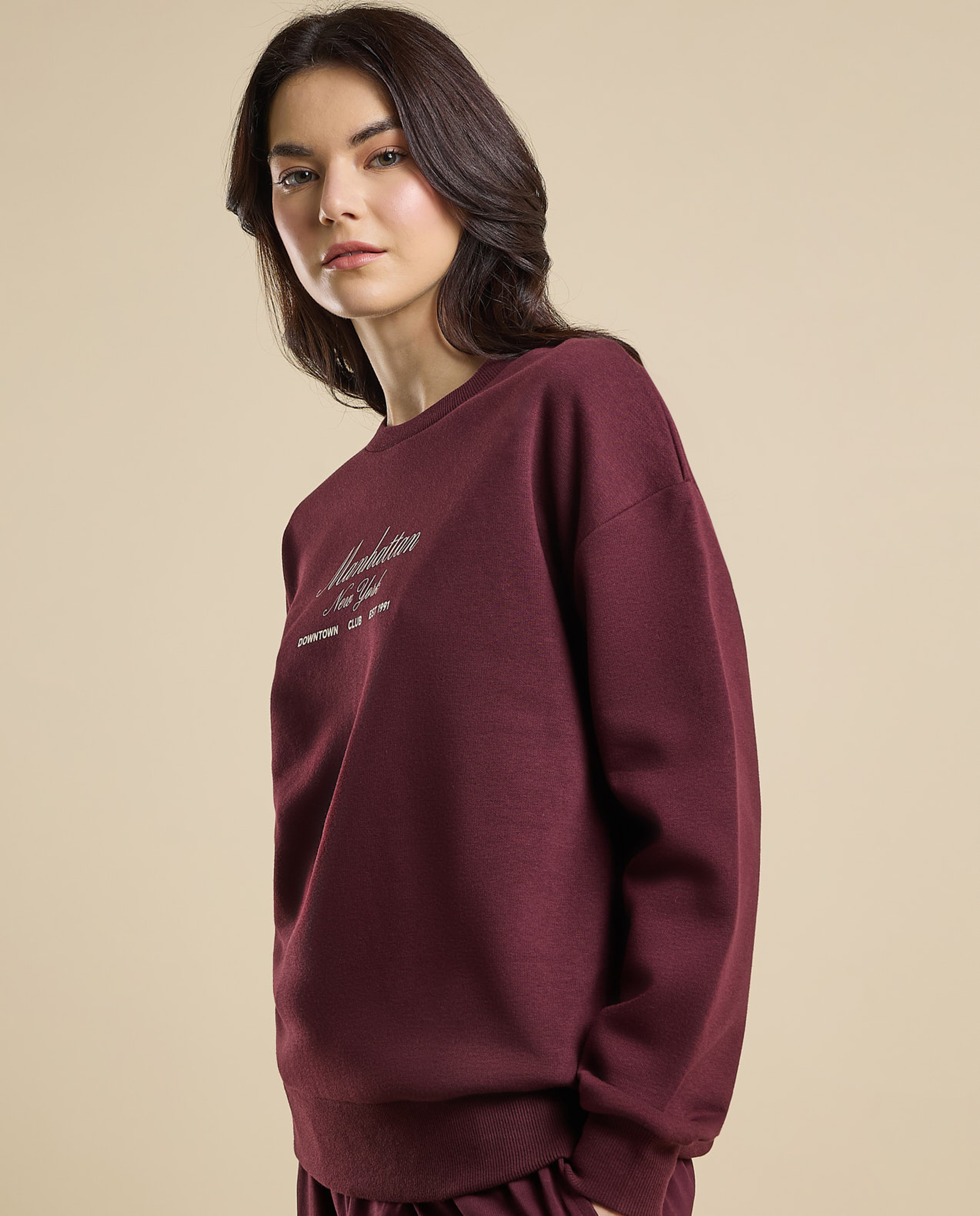 Typography Print Sweatshirt with Crew Neck and Long Sleeves