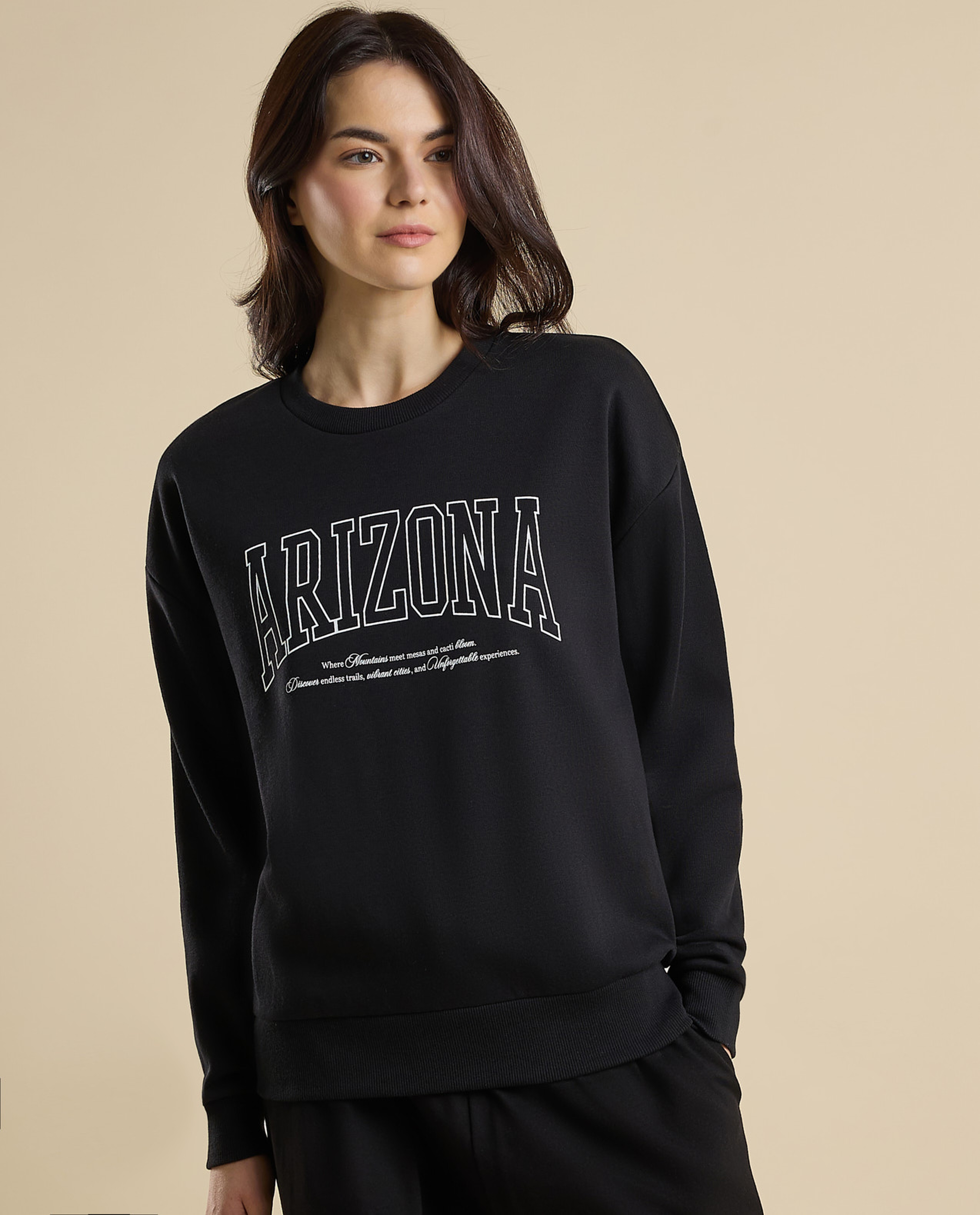 Typography Print Sweatshirt with Crew Neck and Long Sleeves
