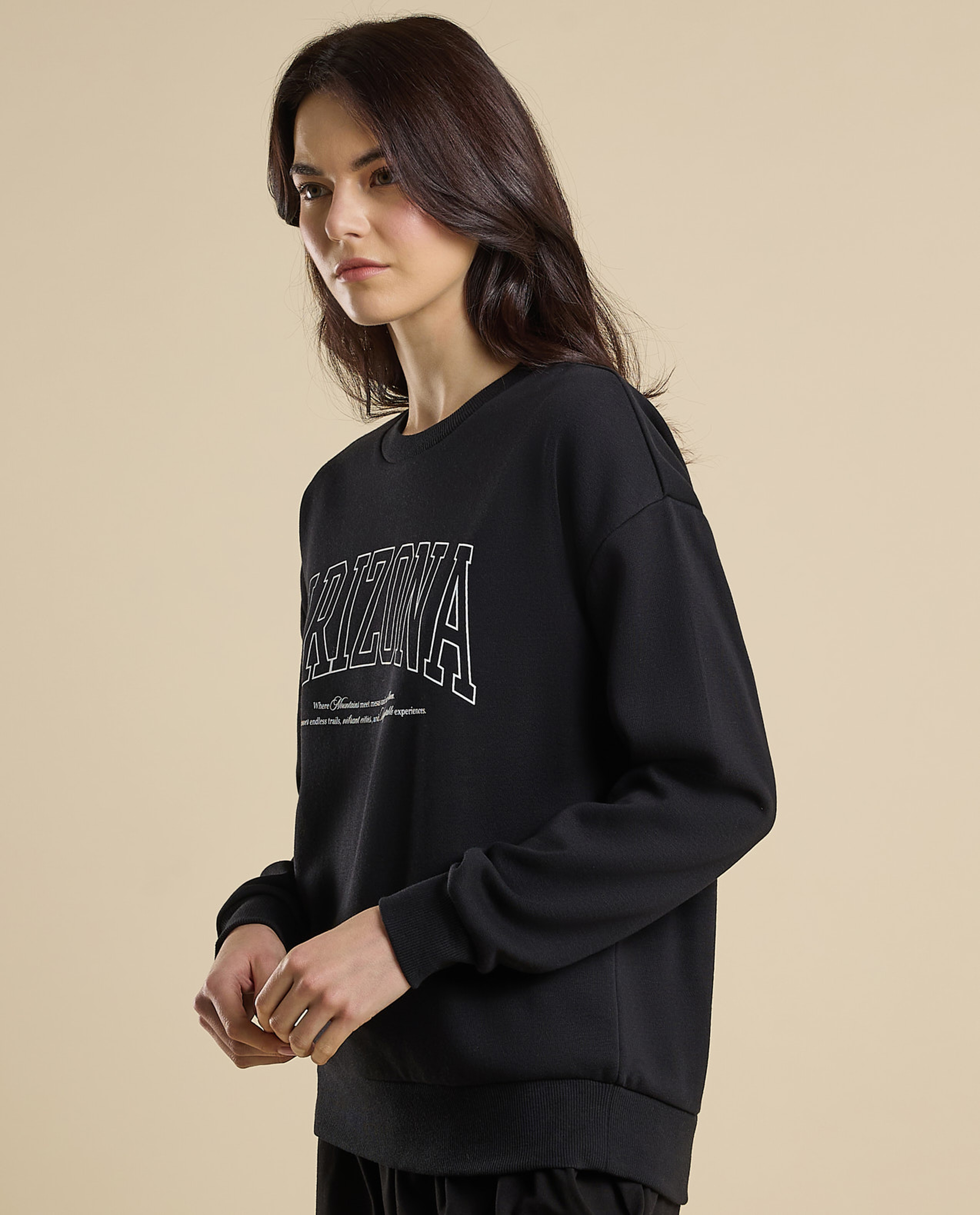 Typography Print Sweatshirt with Crew Neck and Long Sleeves