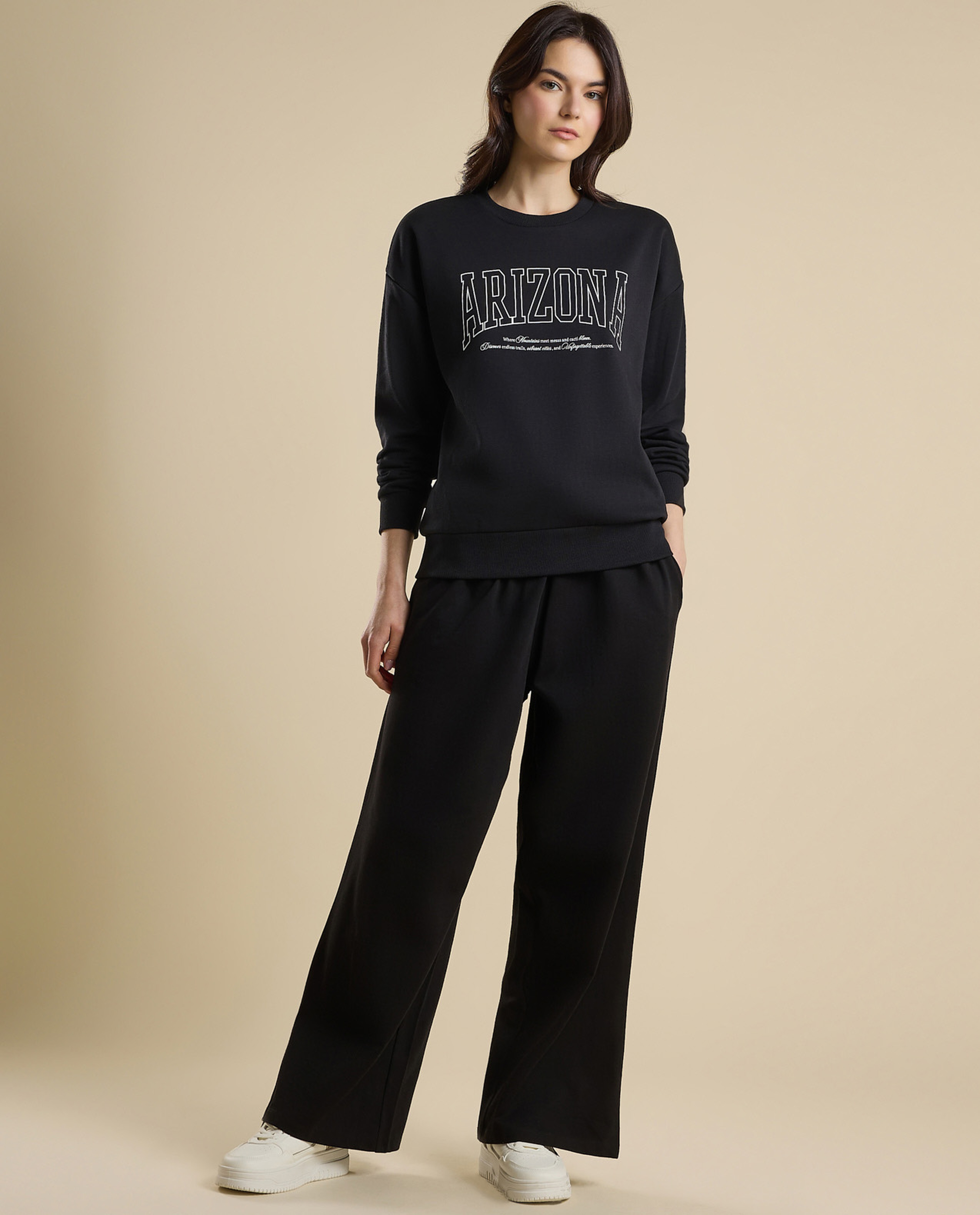 Typography Print Sweatshirt with Crew Neck and Long Sleeves