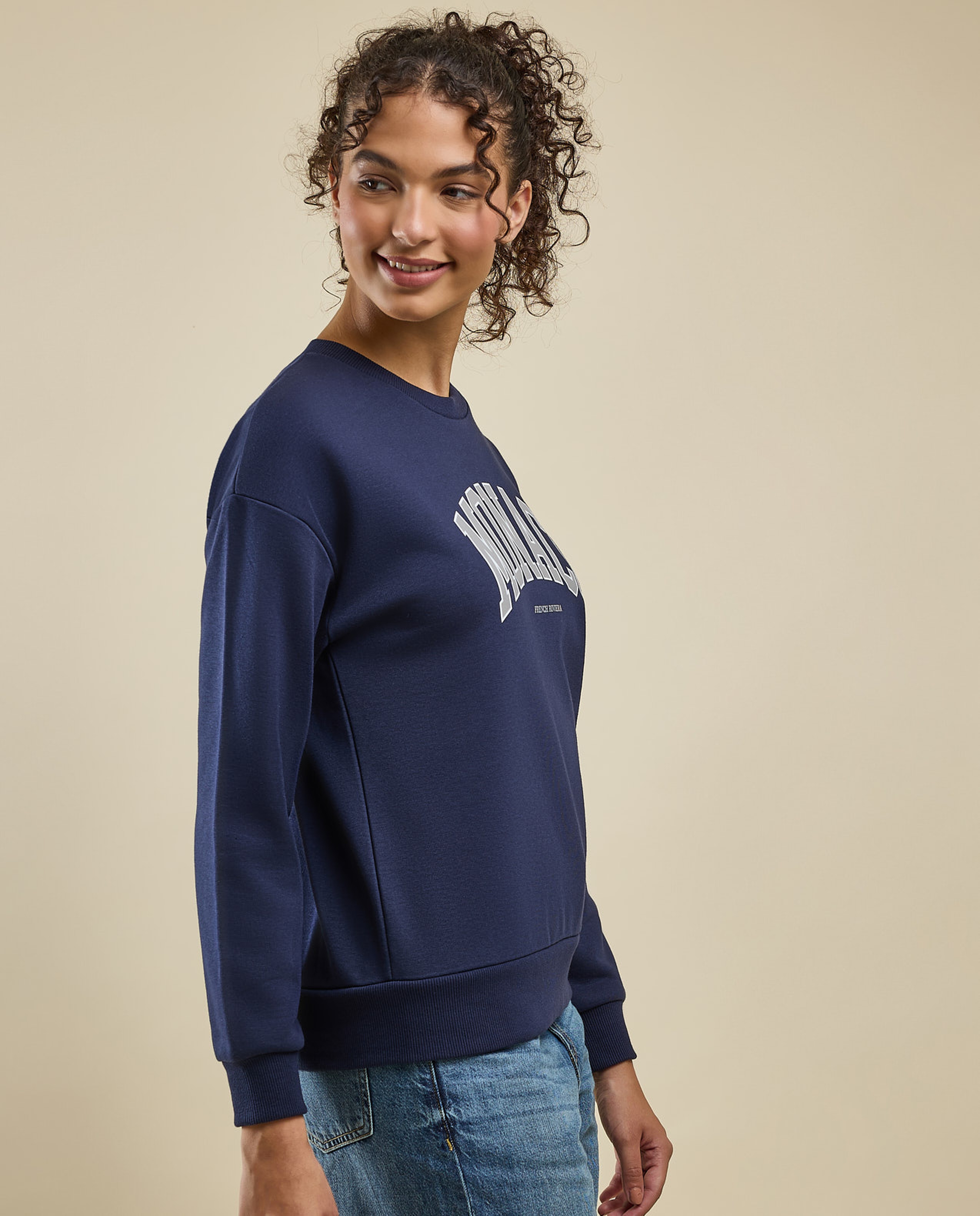Typography Print Sweatshirt with Crew Neck and Long Sleeves