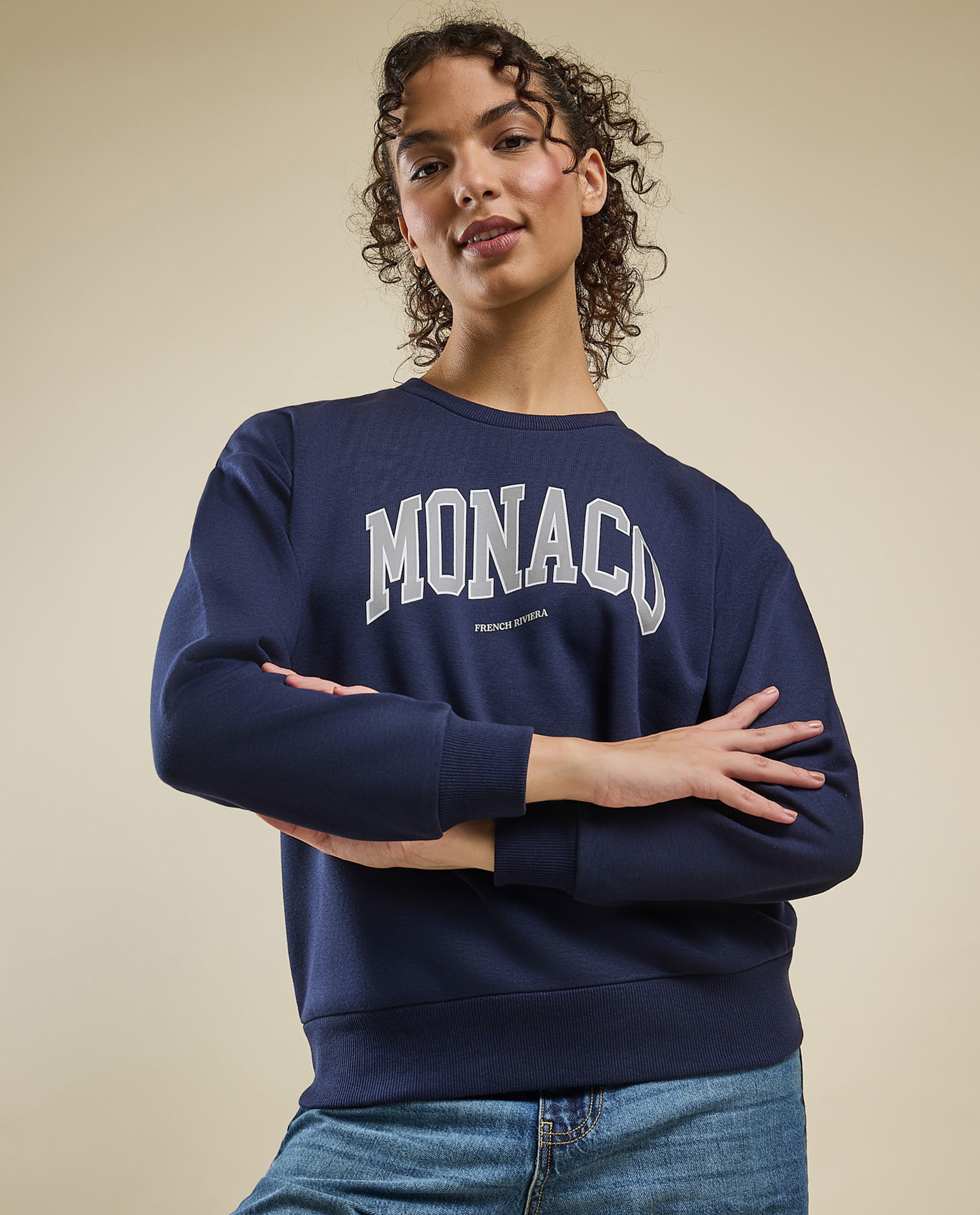 Typography Print Sweatshirt with Crew Neck and Long Sleeves