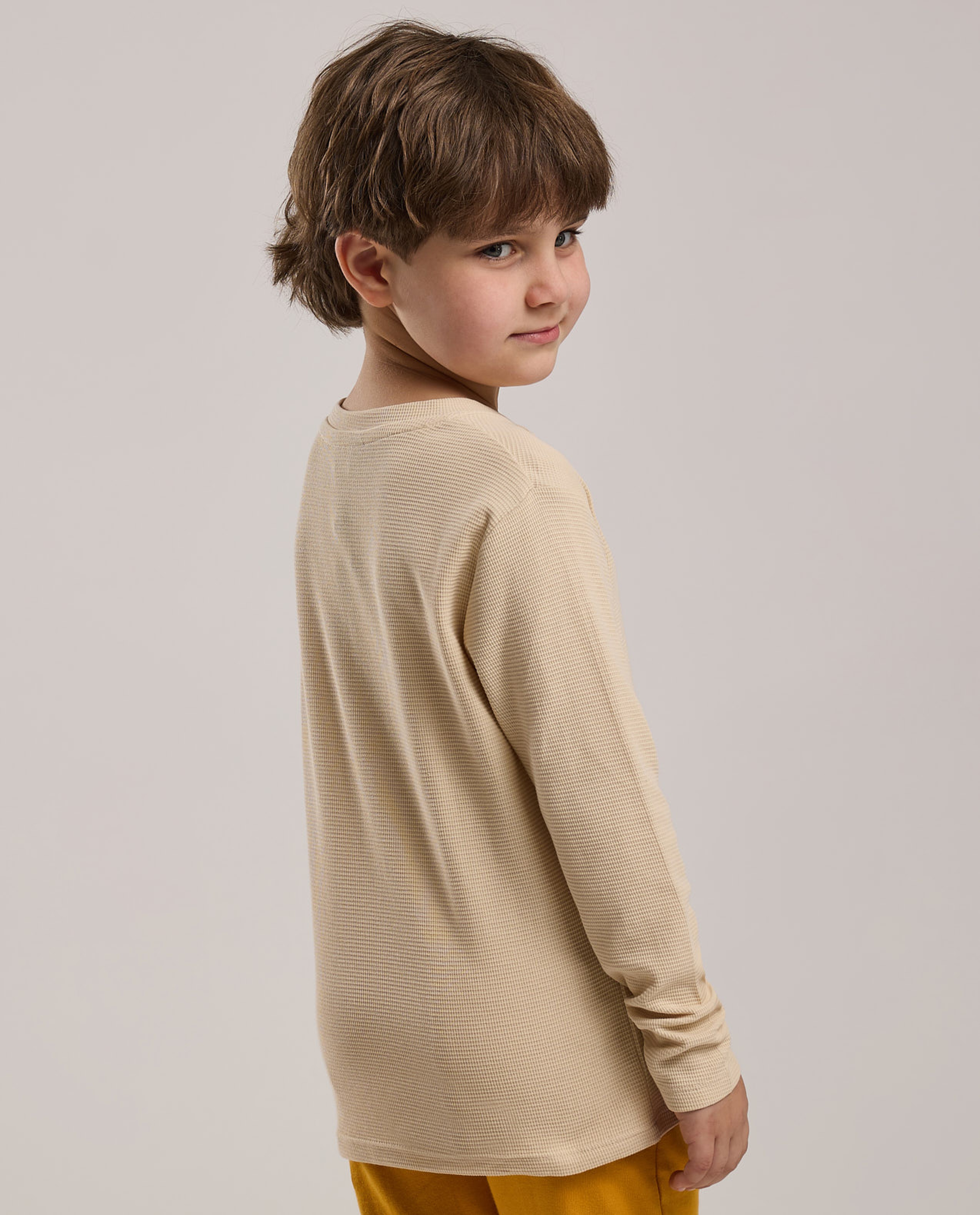 Textured T-Shirt with Henley Neck and Long Sleeves