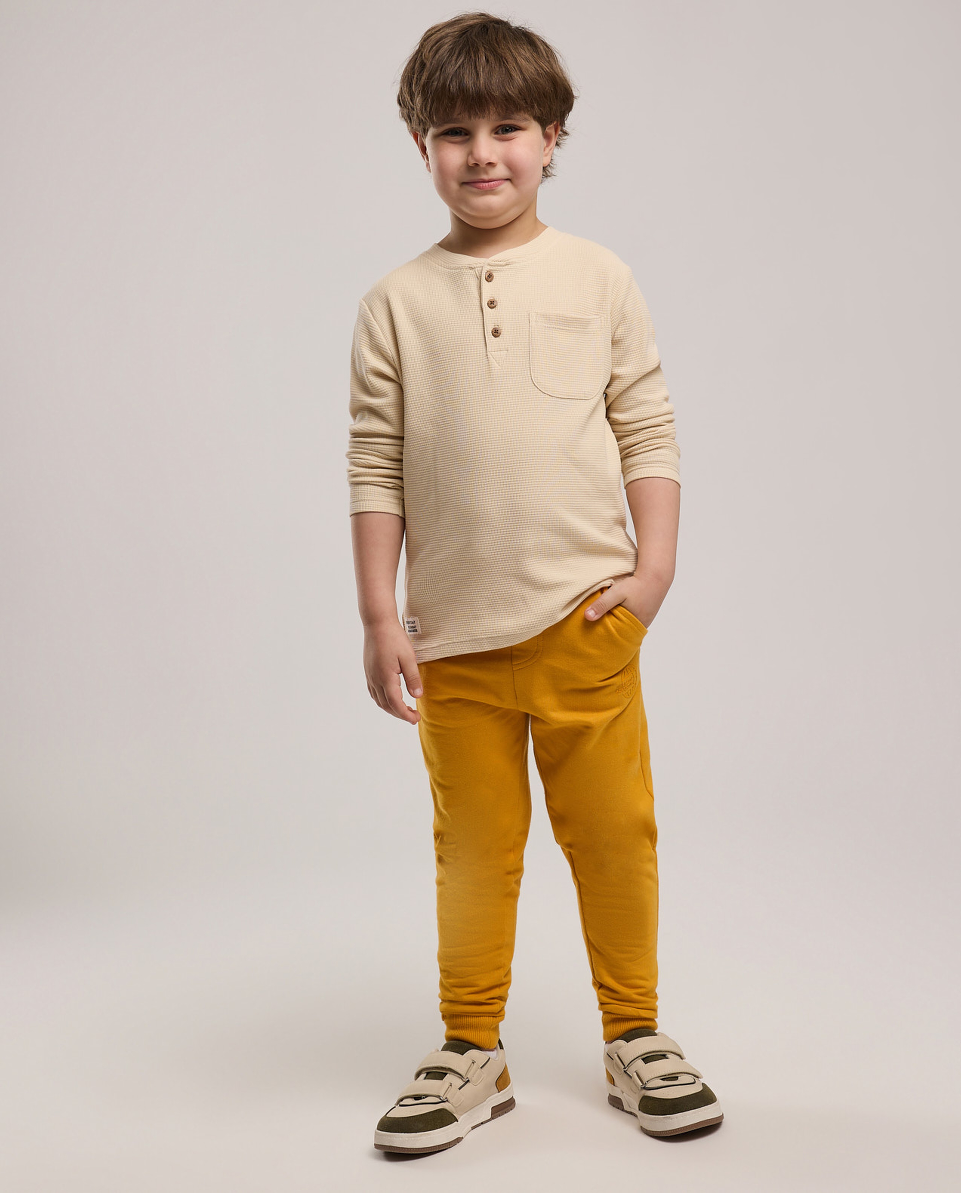 Textured T-Shirt with Henley Neck and Long Sleeves