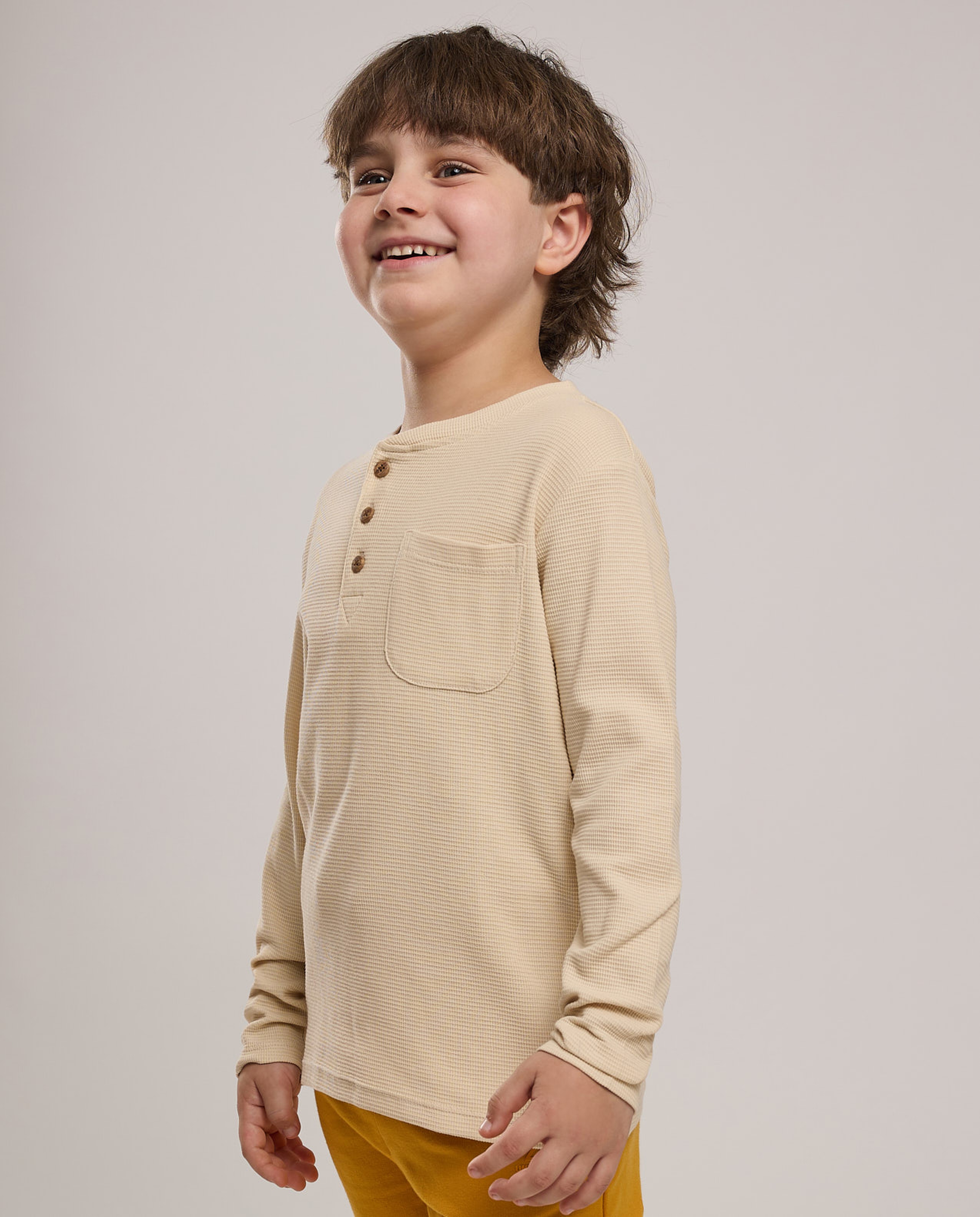 Textured T-Shirt with Henley Neck and Long Sleeves