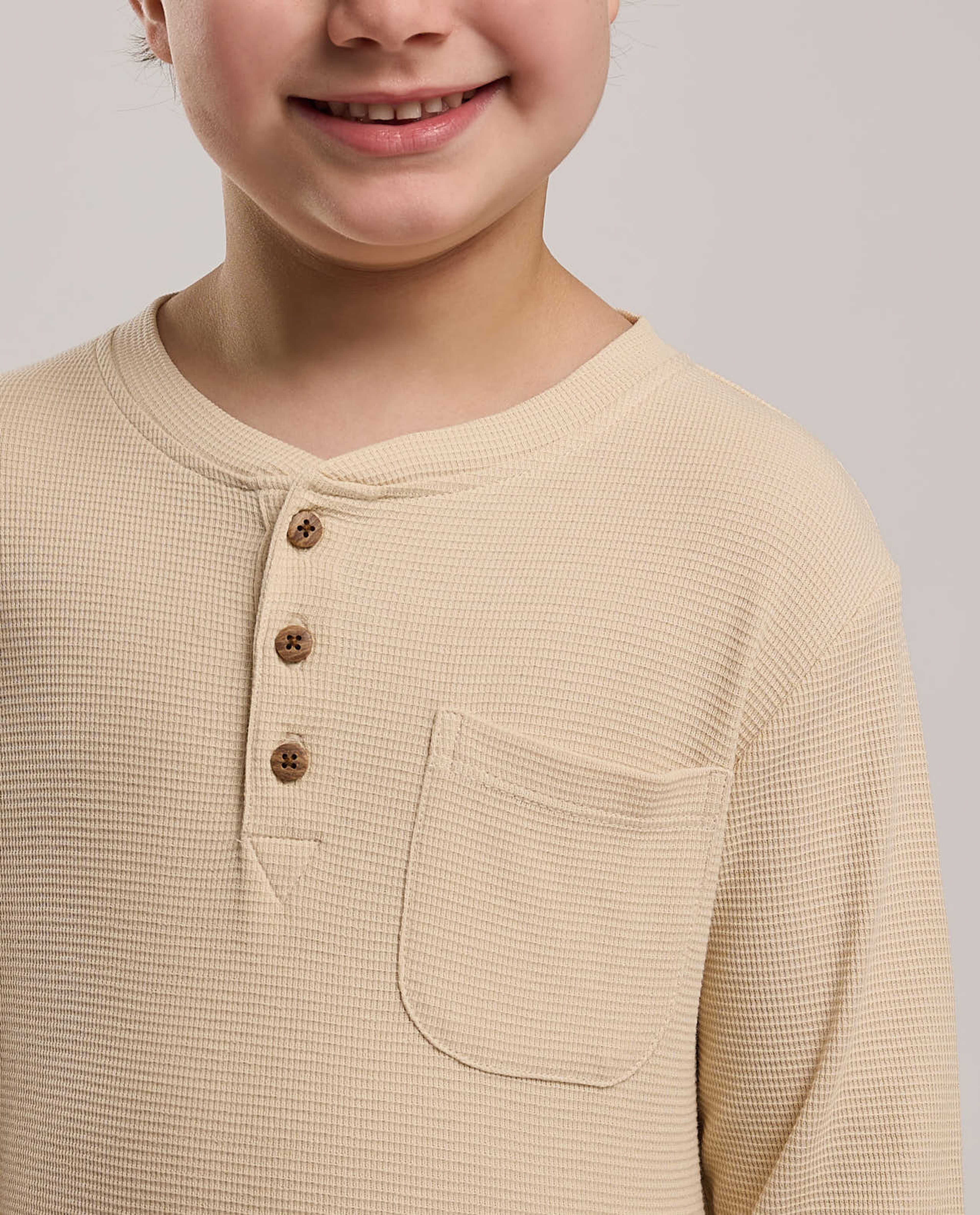 Textured T-Shirt with Henley Neck and Long Sleeves