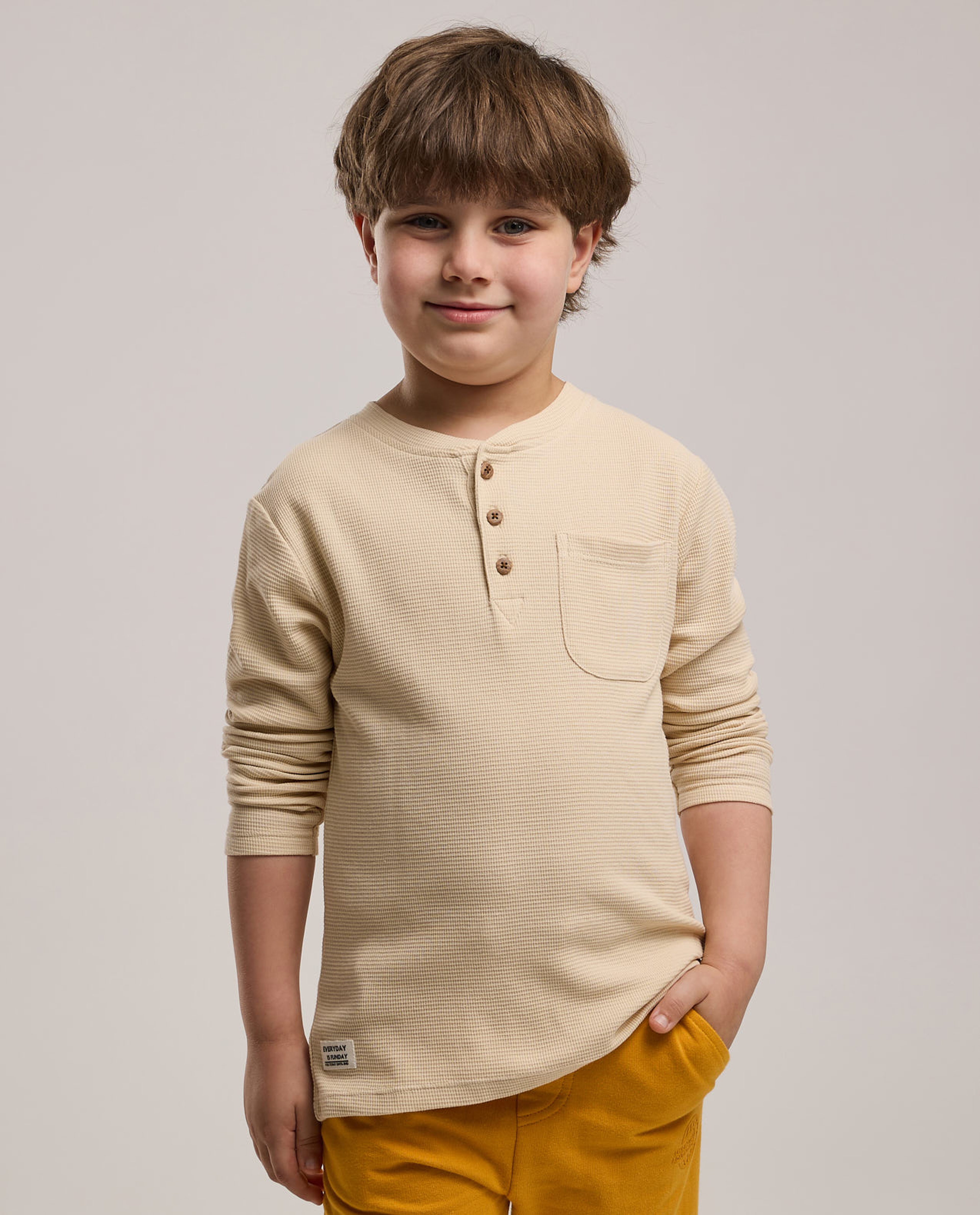 Textured T-Shirt with Henley Neck and Long Sleeves