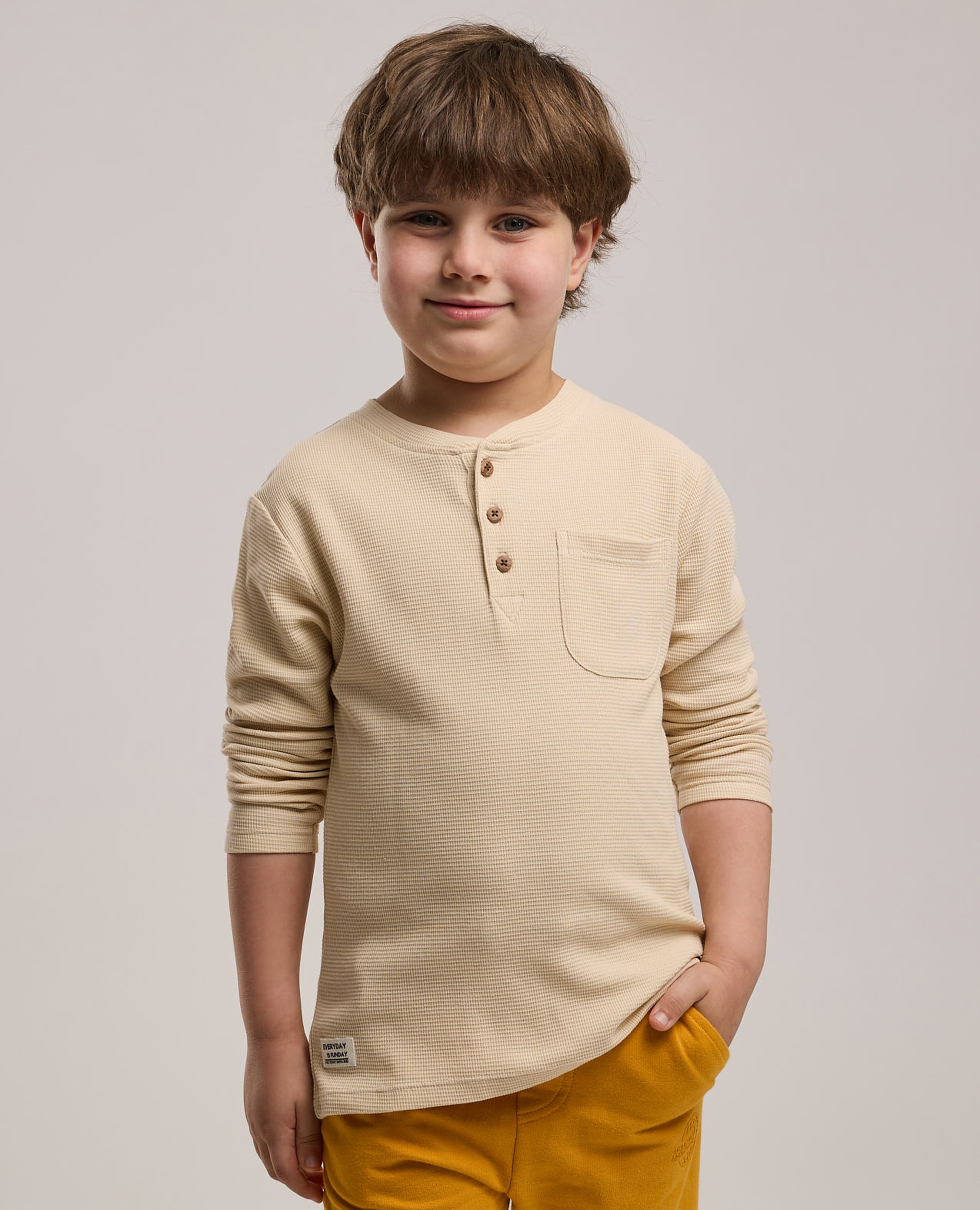 Textured T-Shirt with Henley Neck and Long Sleeves