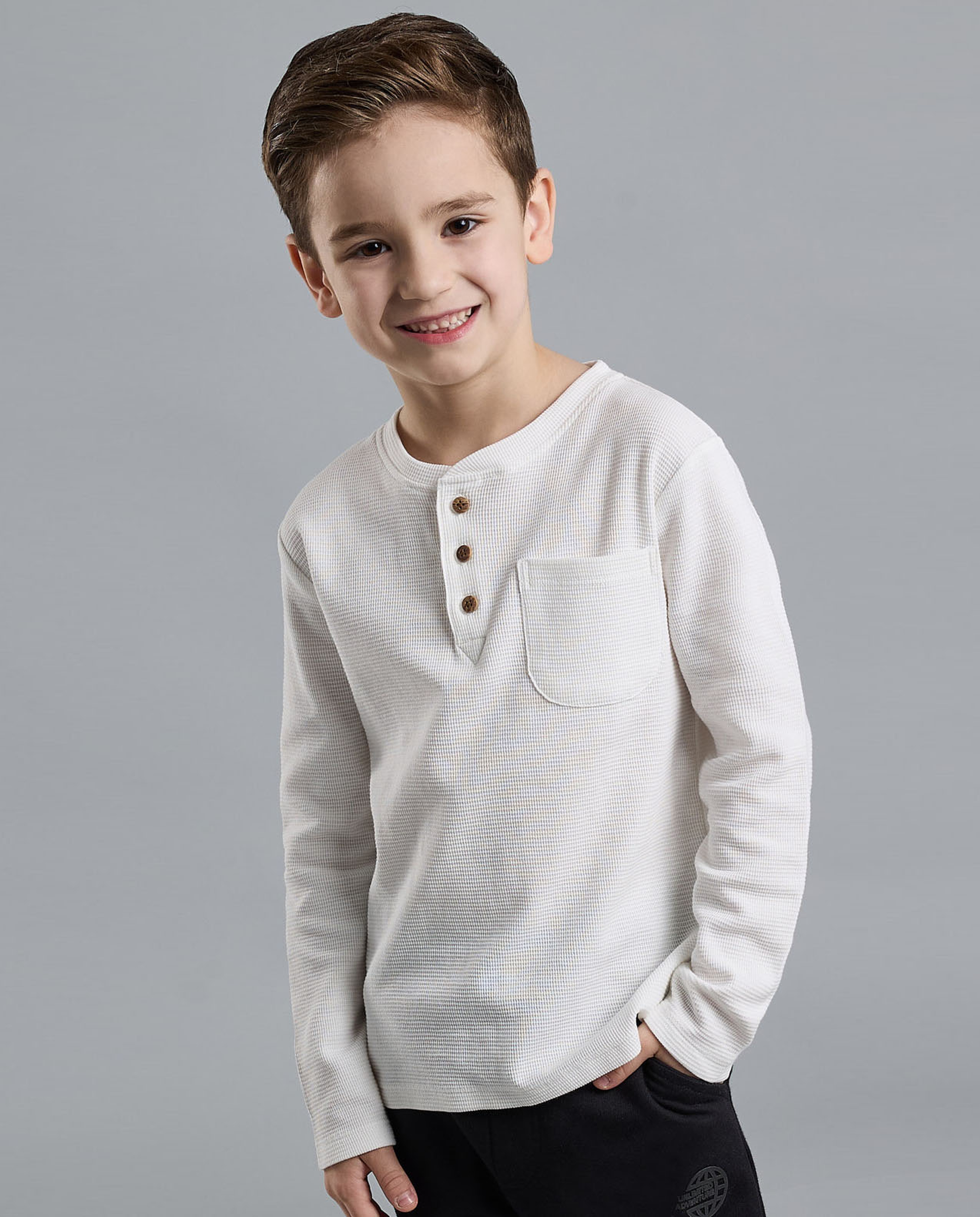 Textured T-Shirt with Henley Neck and Long Sleeves