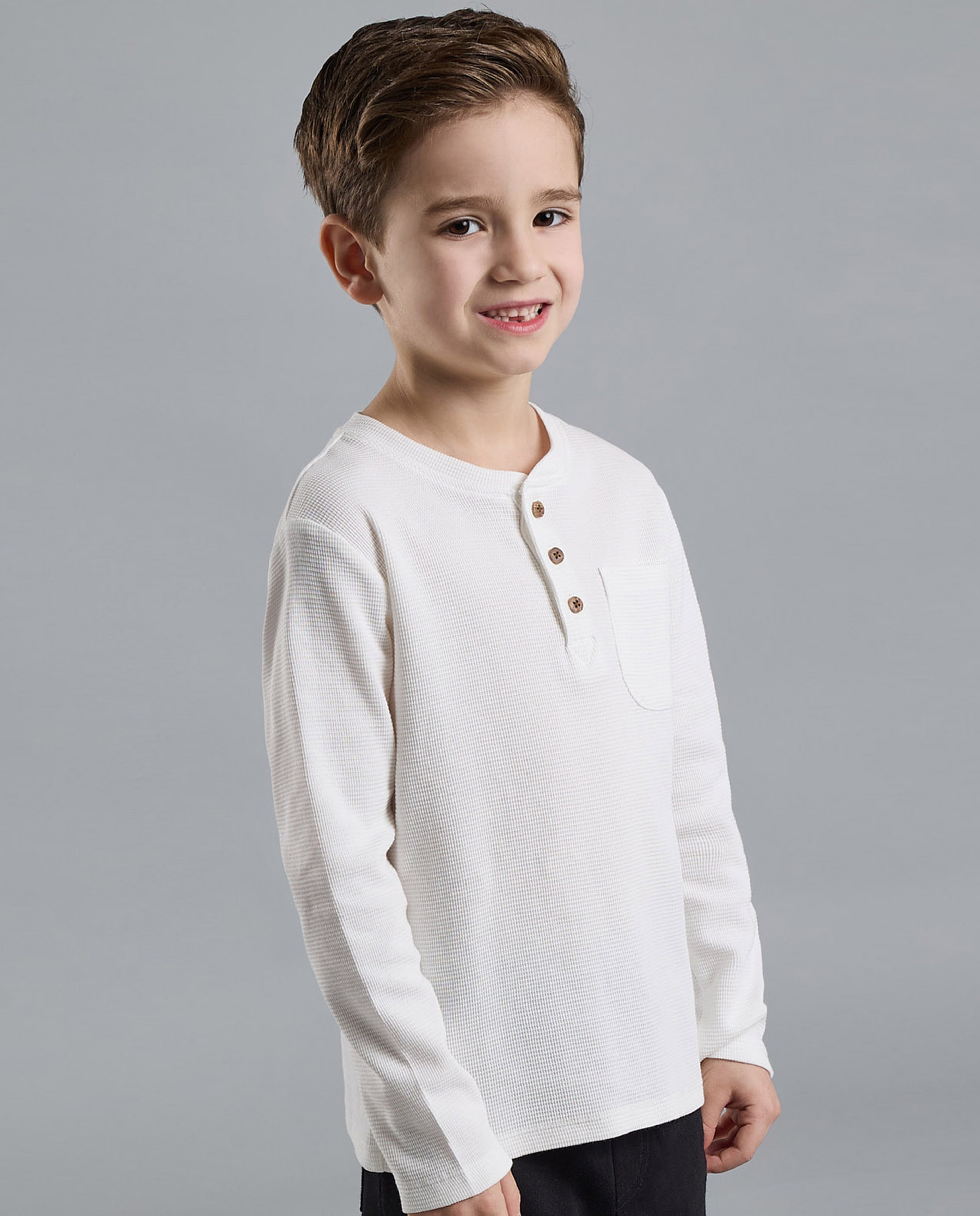 Textured T-Shirt with Henley Neck and Long Sleeves