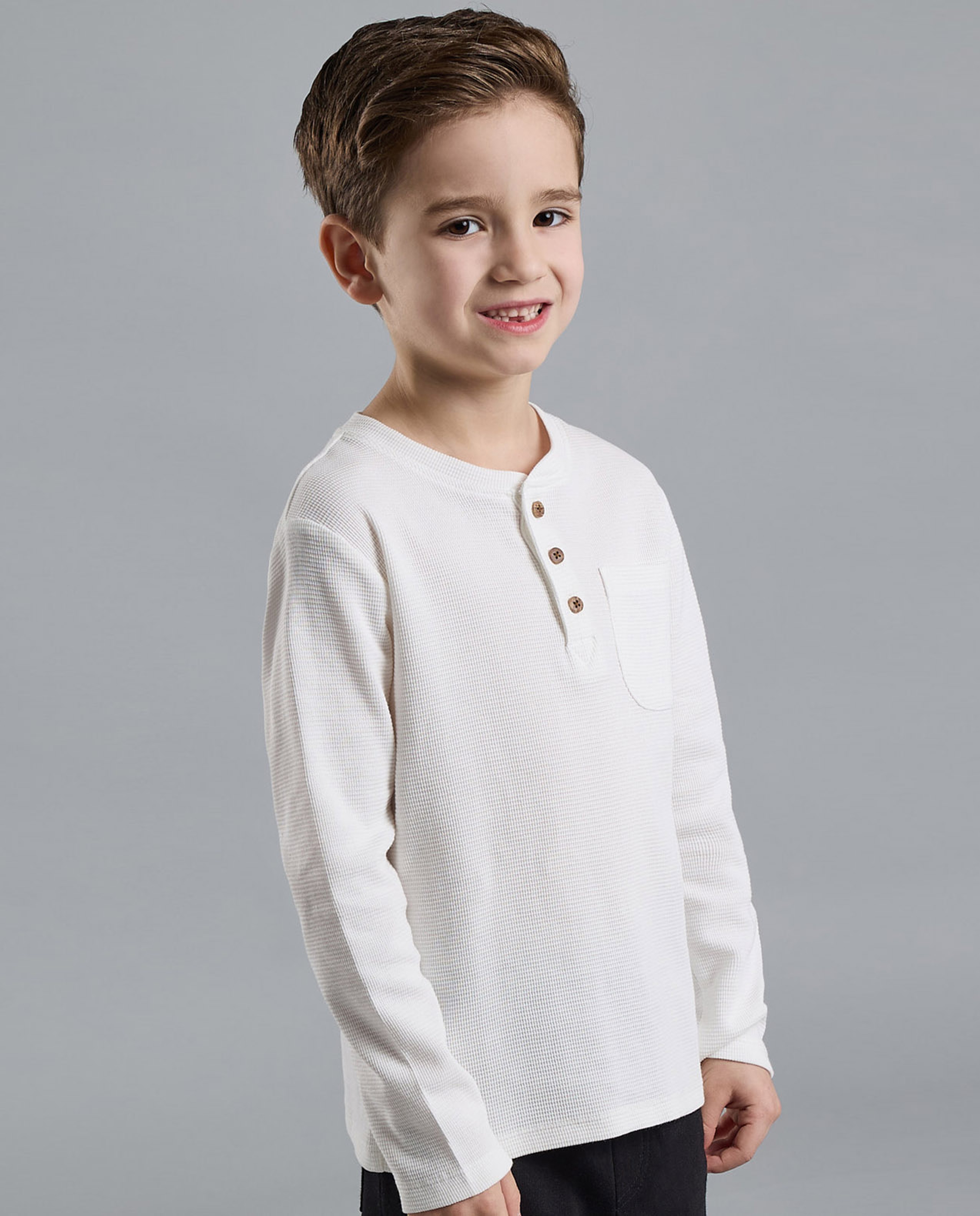 Textured T-Shirt with Henley Neck and Long Sleeves