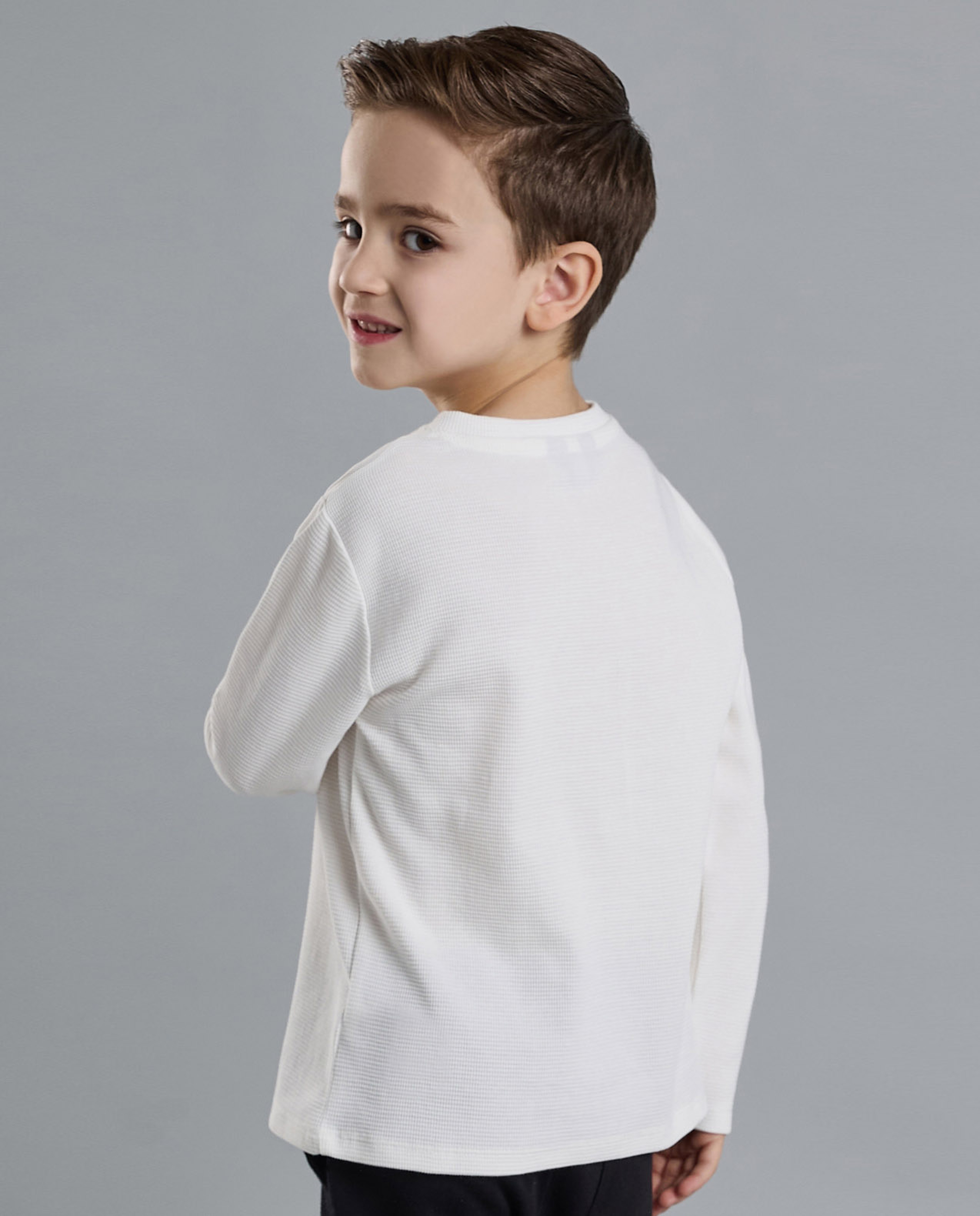 Textured T-Shirt with Henley Neck and Long Sleeves