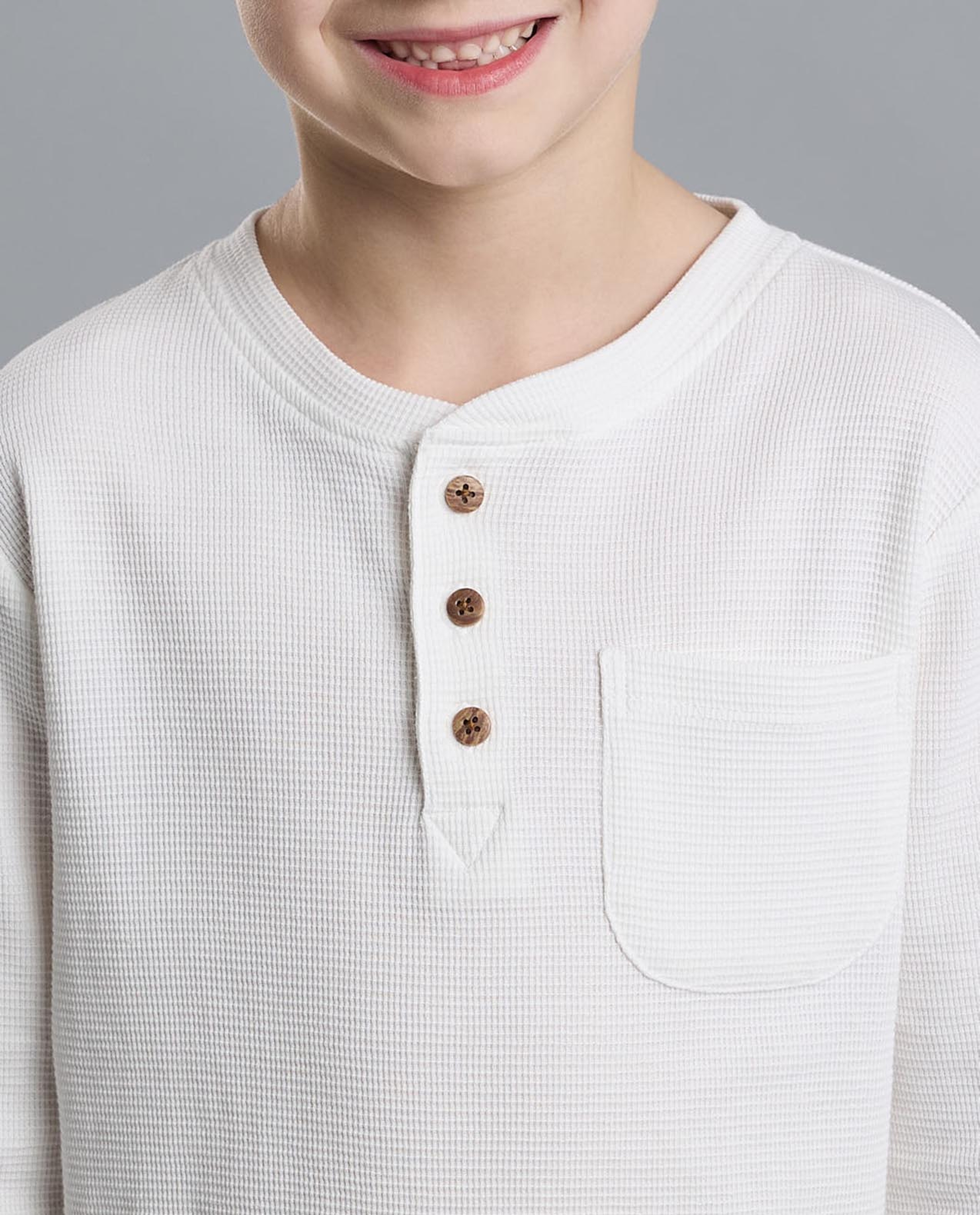 Textured T-Shirt with Henley Neck and Long Sleeves
