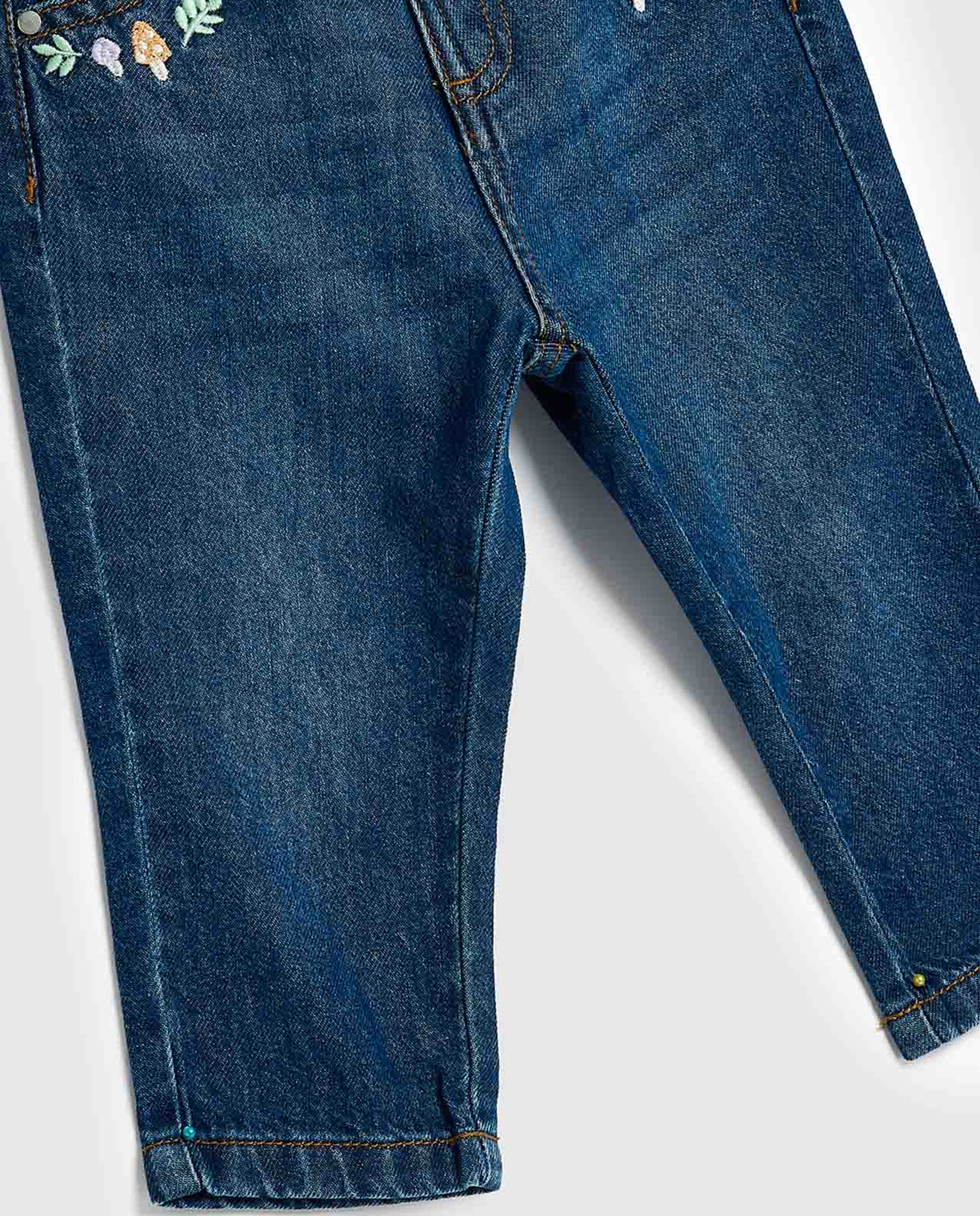 Embroidered Wide Leg Jeans with Button Closure