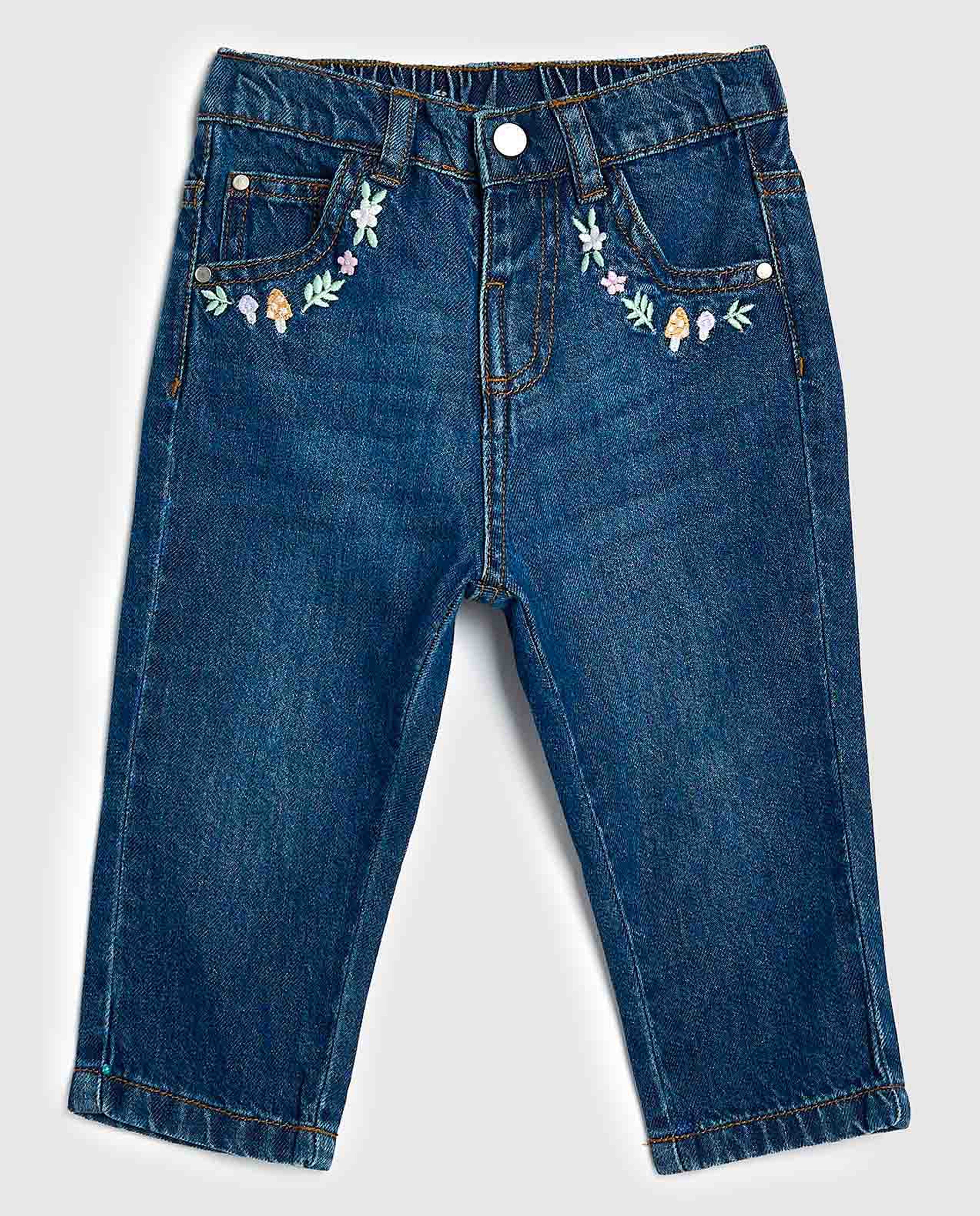 Embroidered Wide Leg Jeans with Button Closure