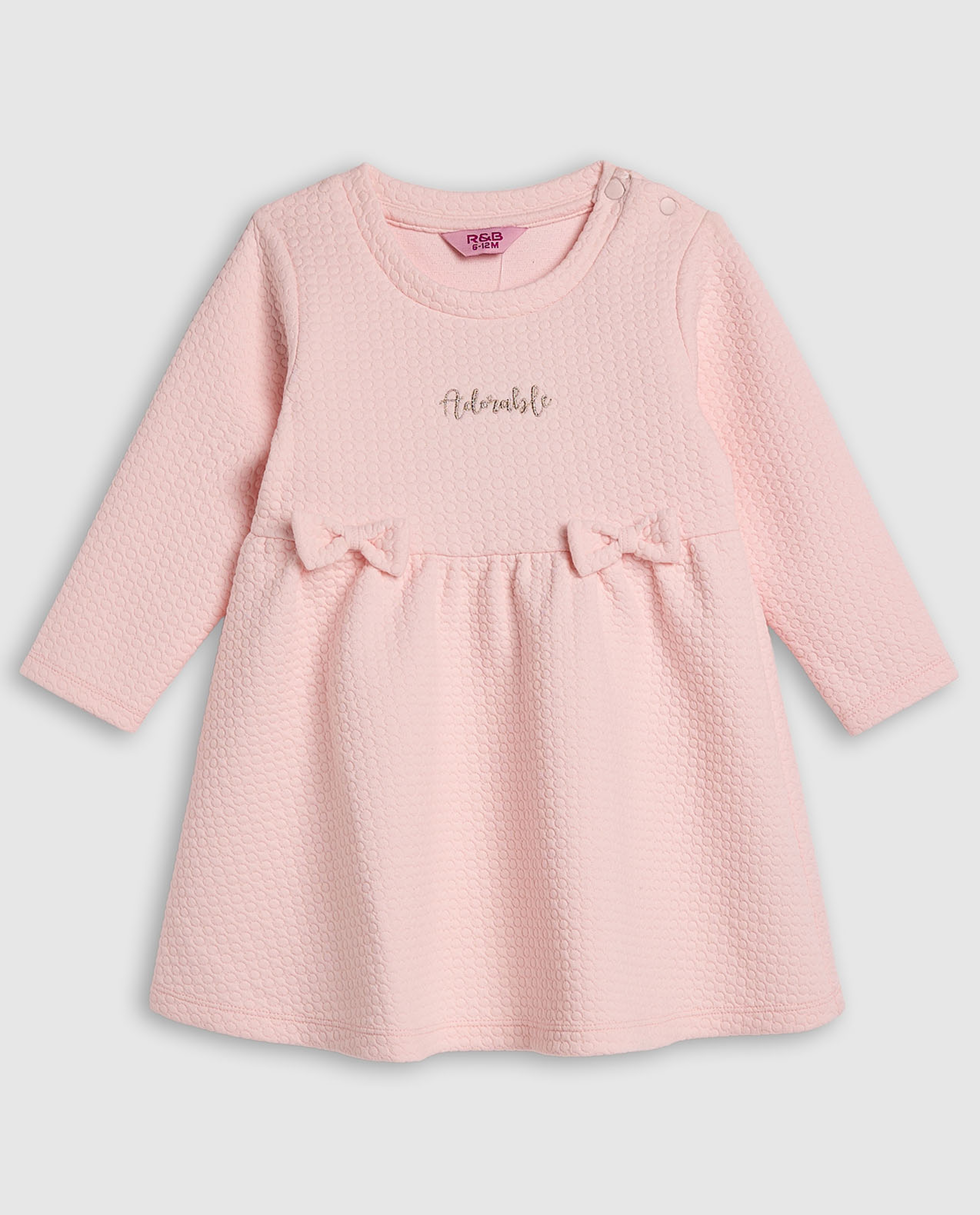 Textured Fit and Flare Dress with Crew Neck and Long Sleeves