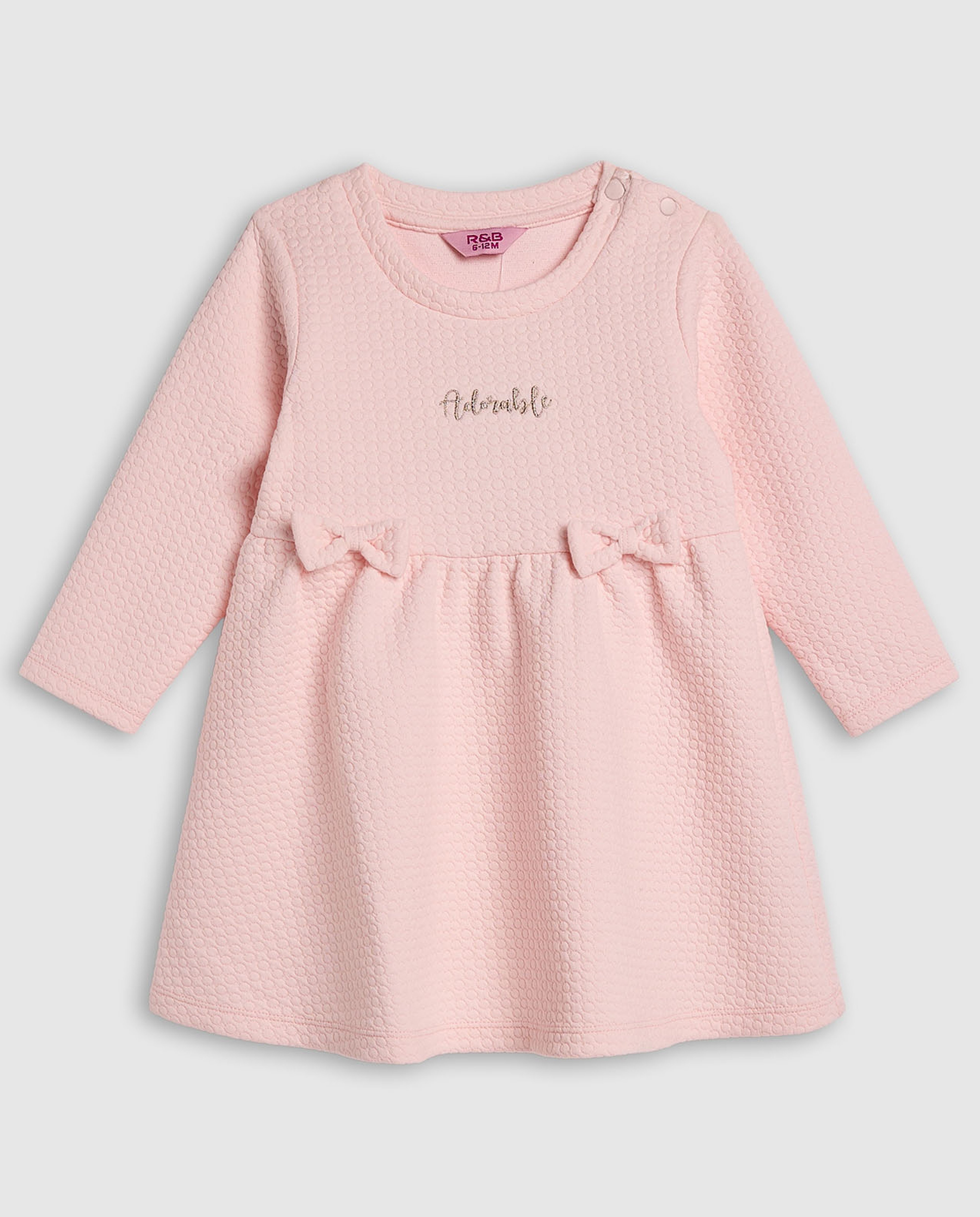 Textured Fit and Flare Dress with Crew Neck and Long Sleeves