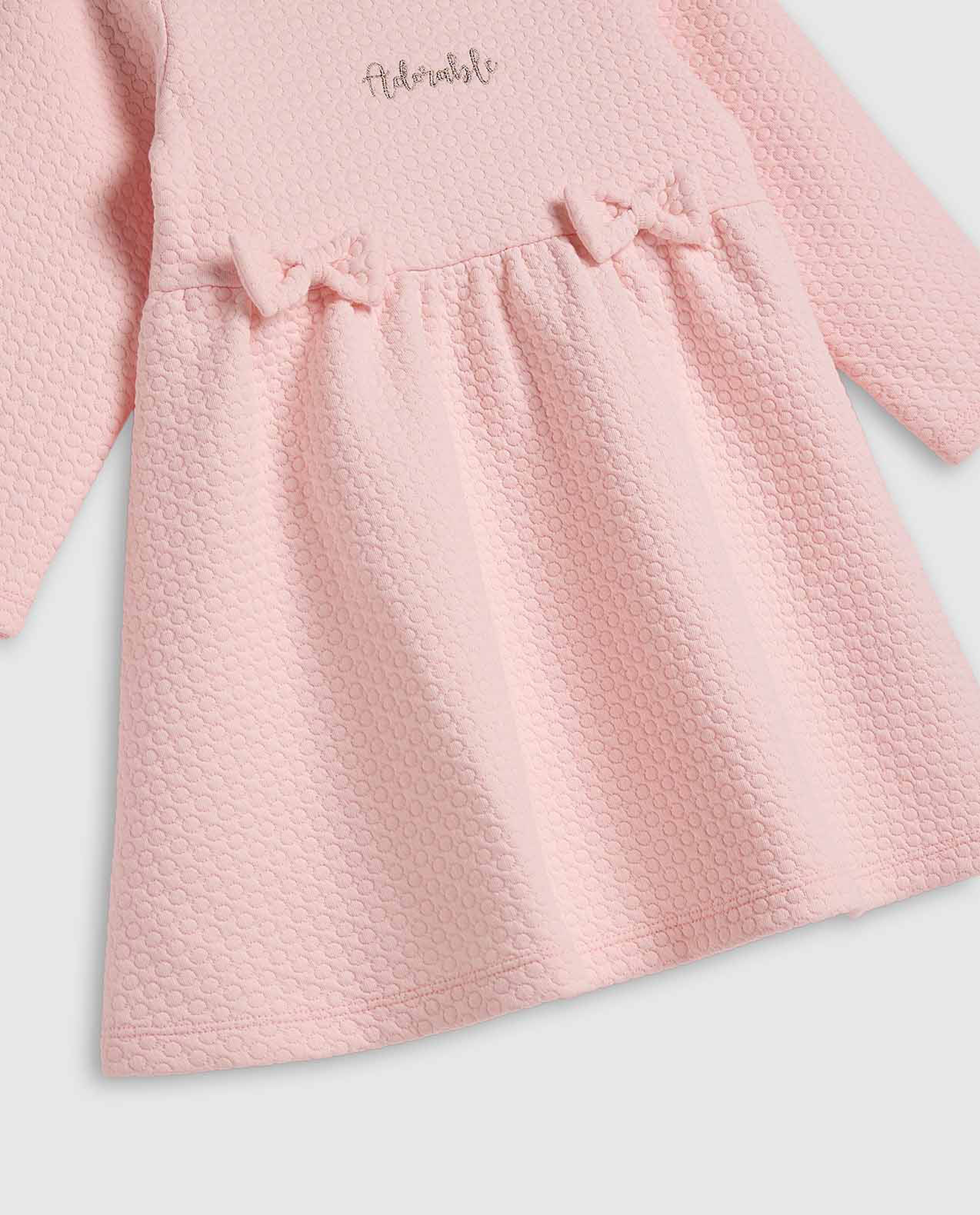 Textured Fit and Flare Dress with Crew Neck and Long Sleeves