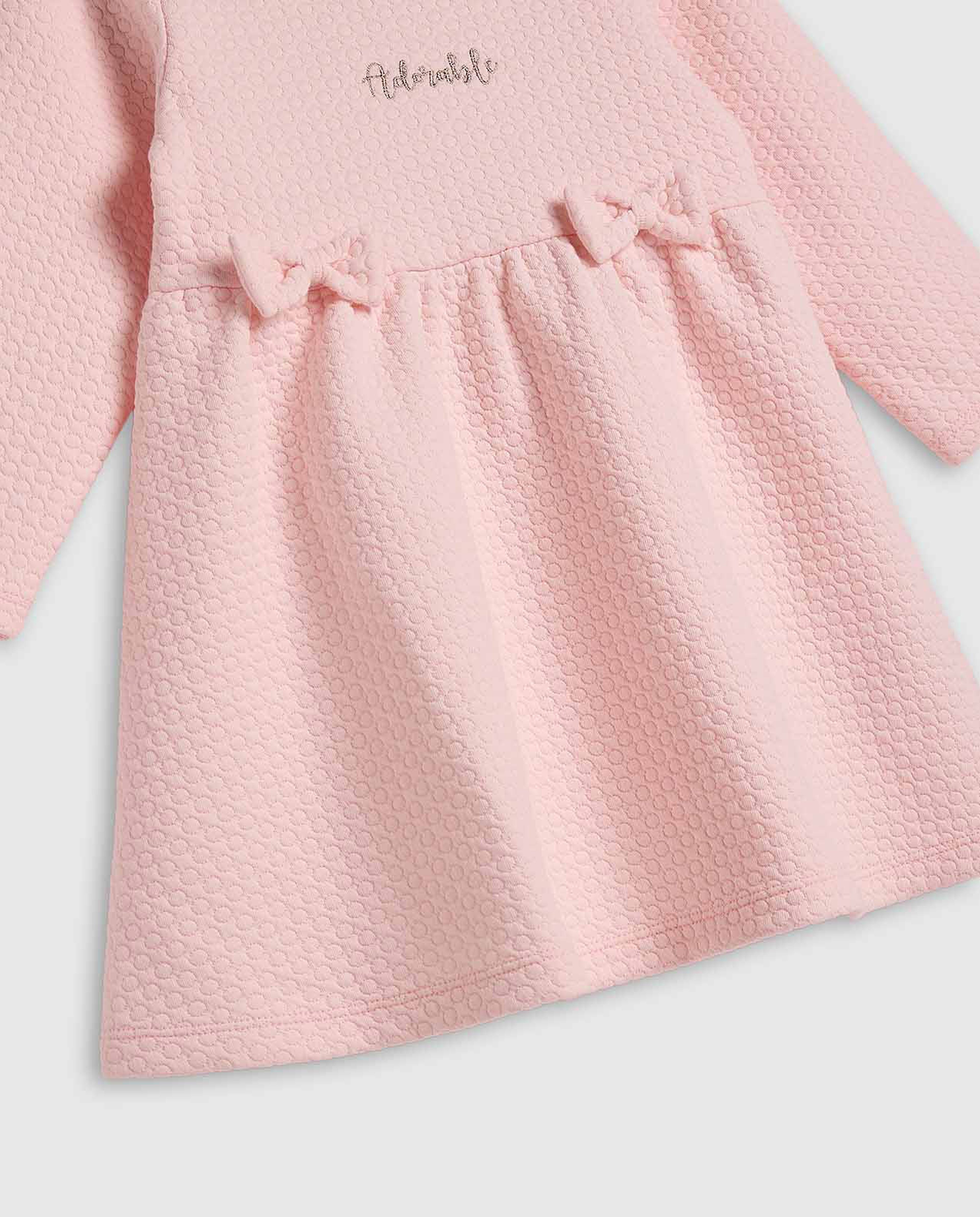 Textured Fit and Flare Dress with Crew Neck and Long Sleeves