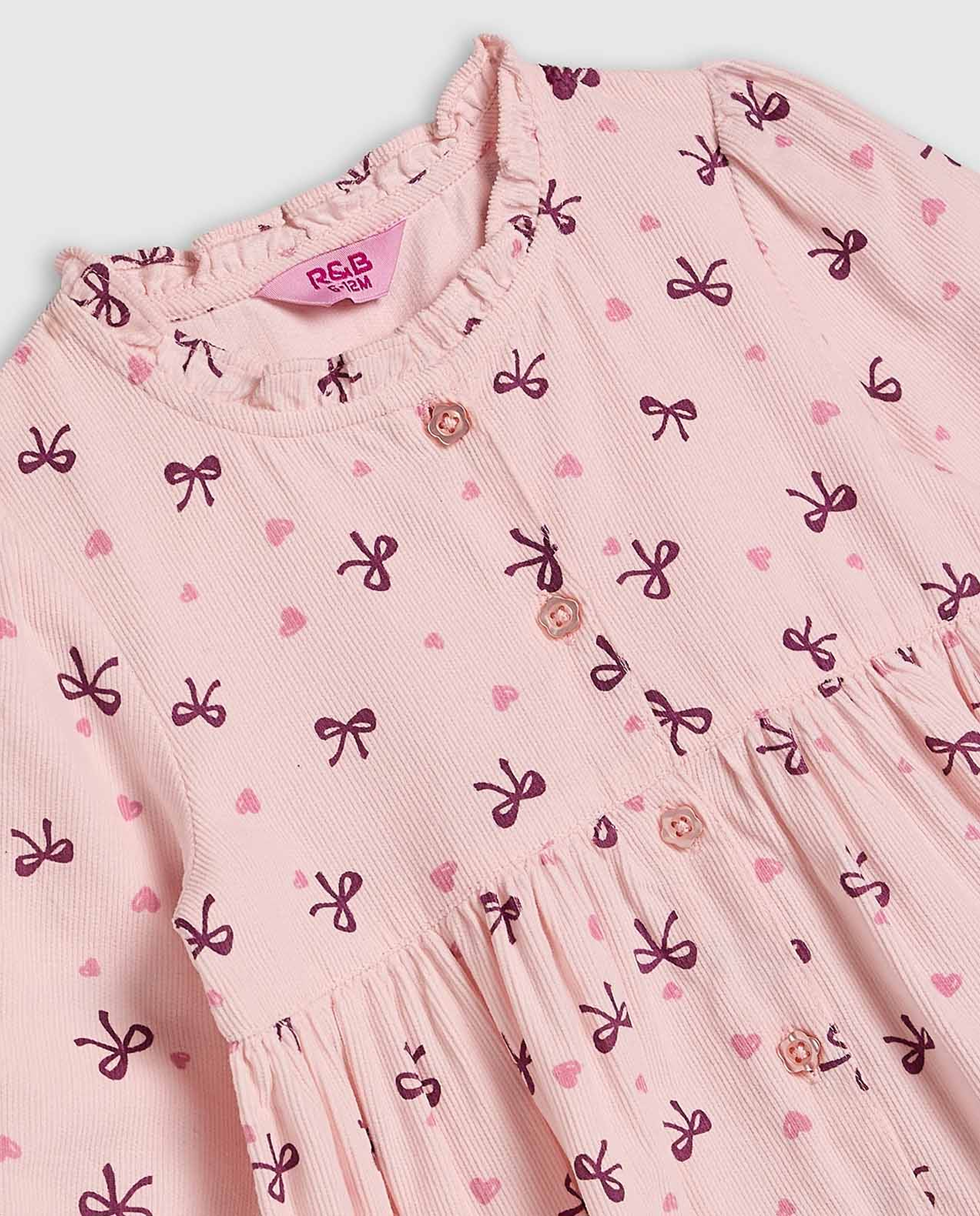 Printed Flared Dress with Round Neck and Long Sleeves