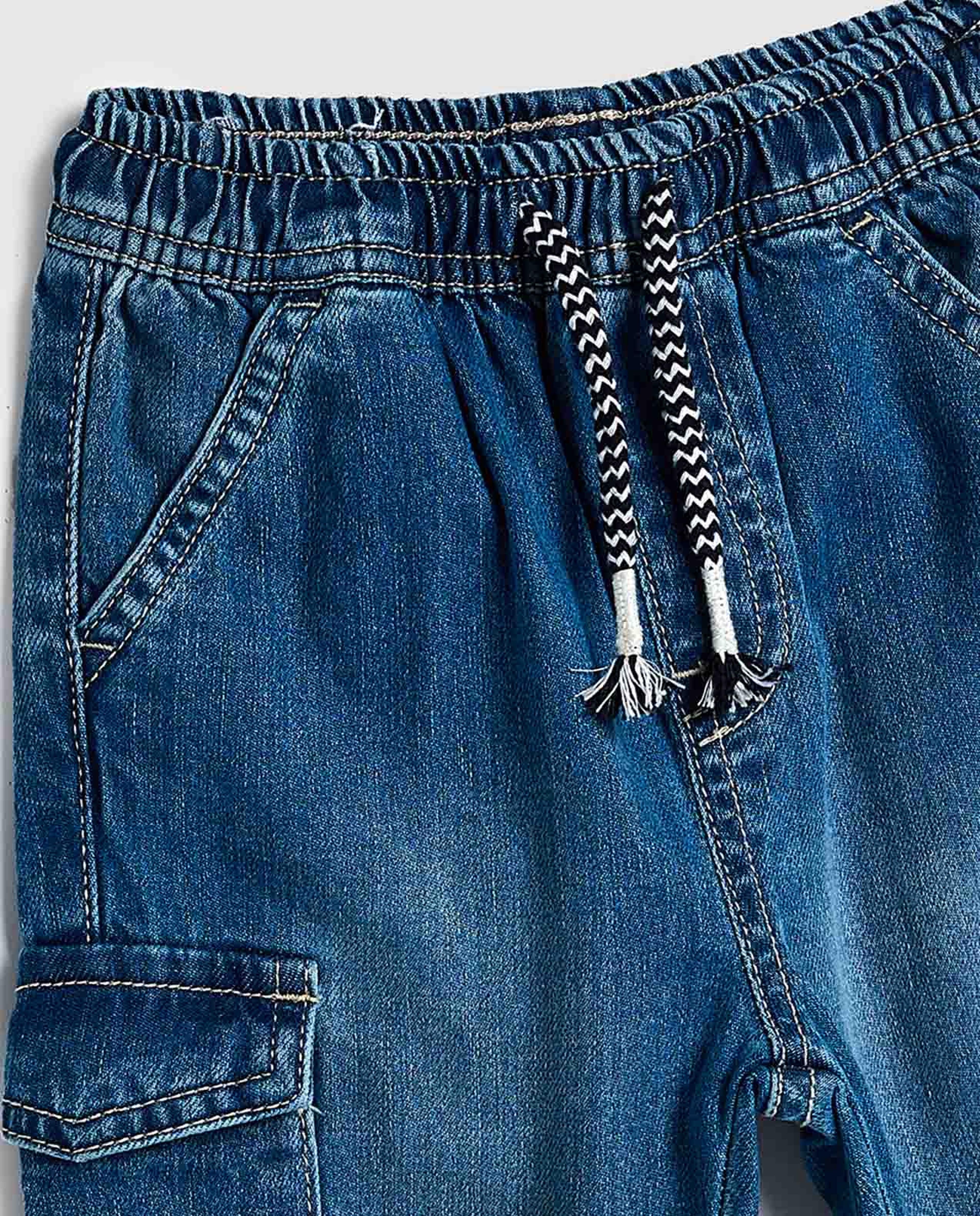 Faded Cargo Jeans with Drawstring Waist