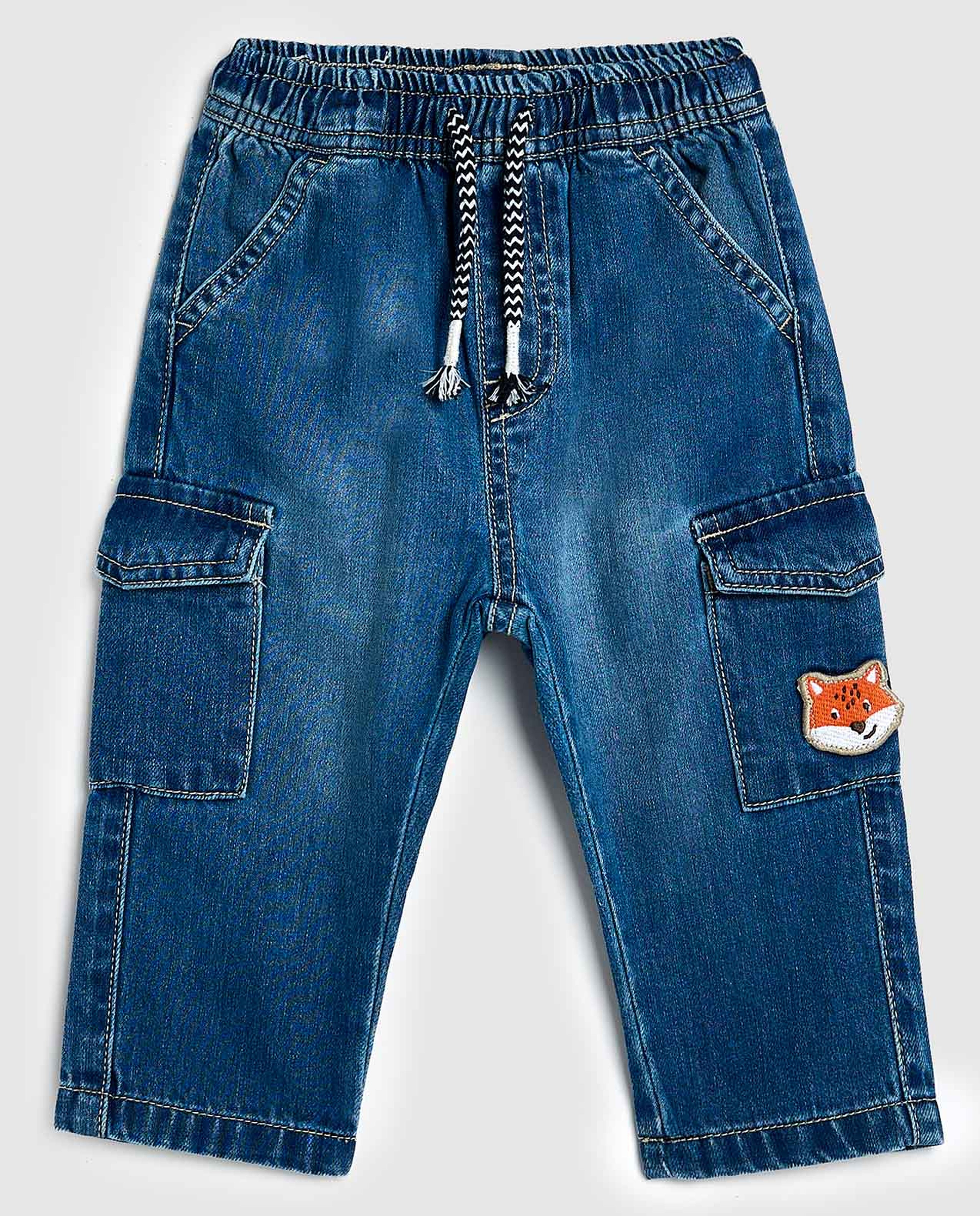 Faded Cargo Jeans with Drawstring Waist