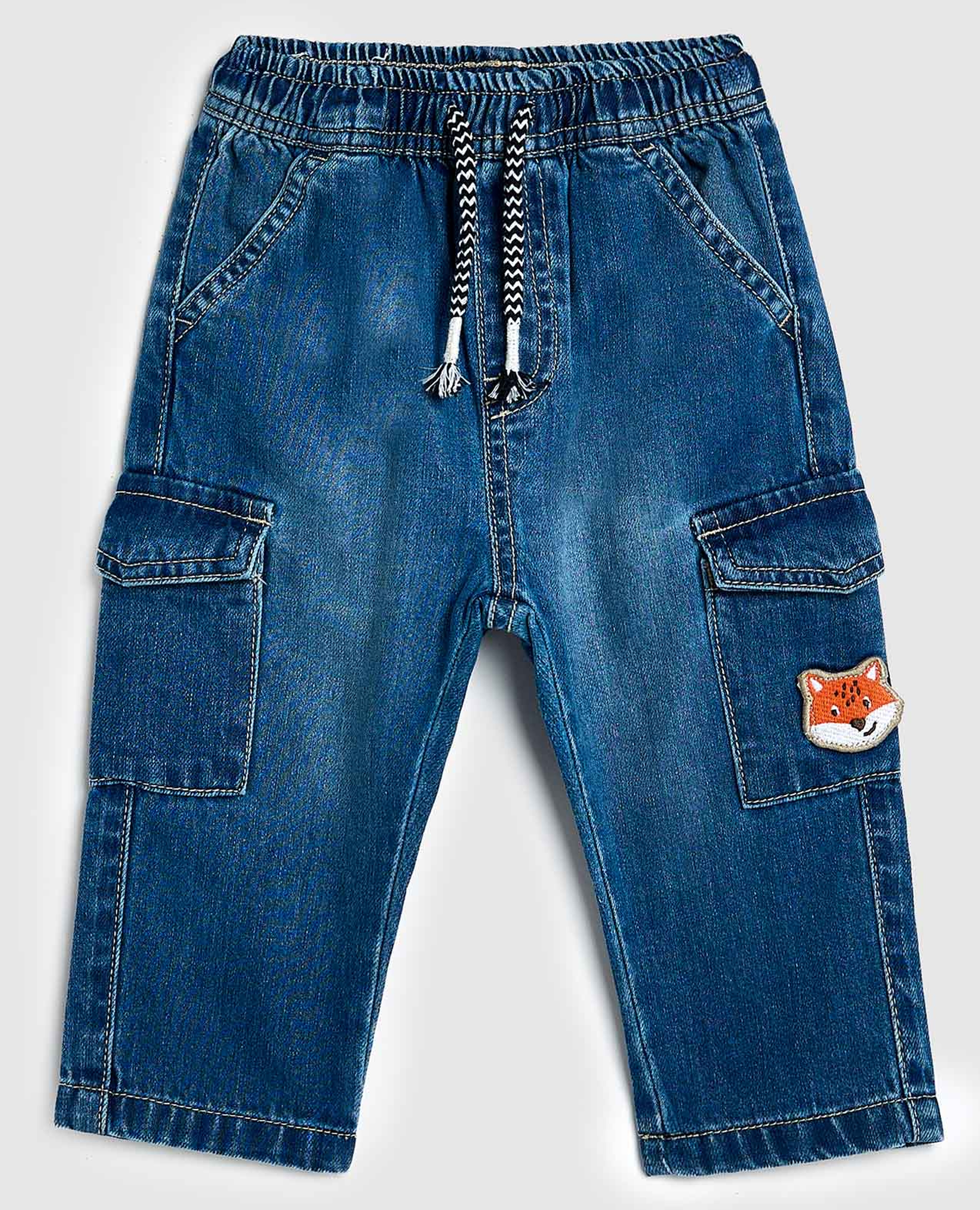 Faded Cargo Jeans with Drawstring Waist