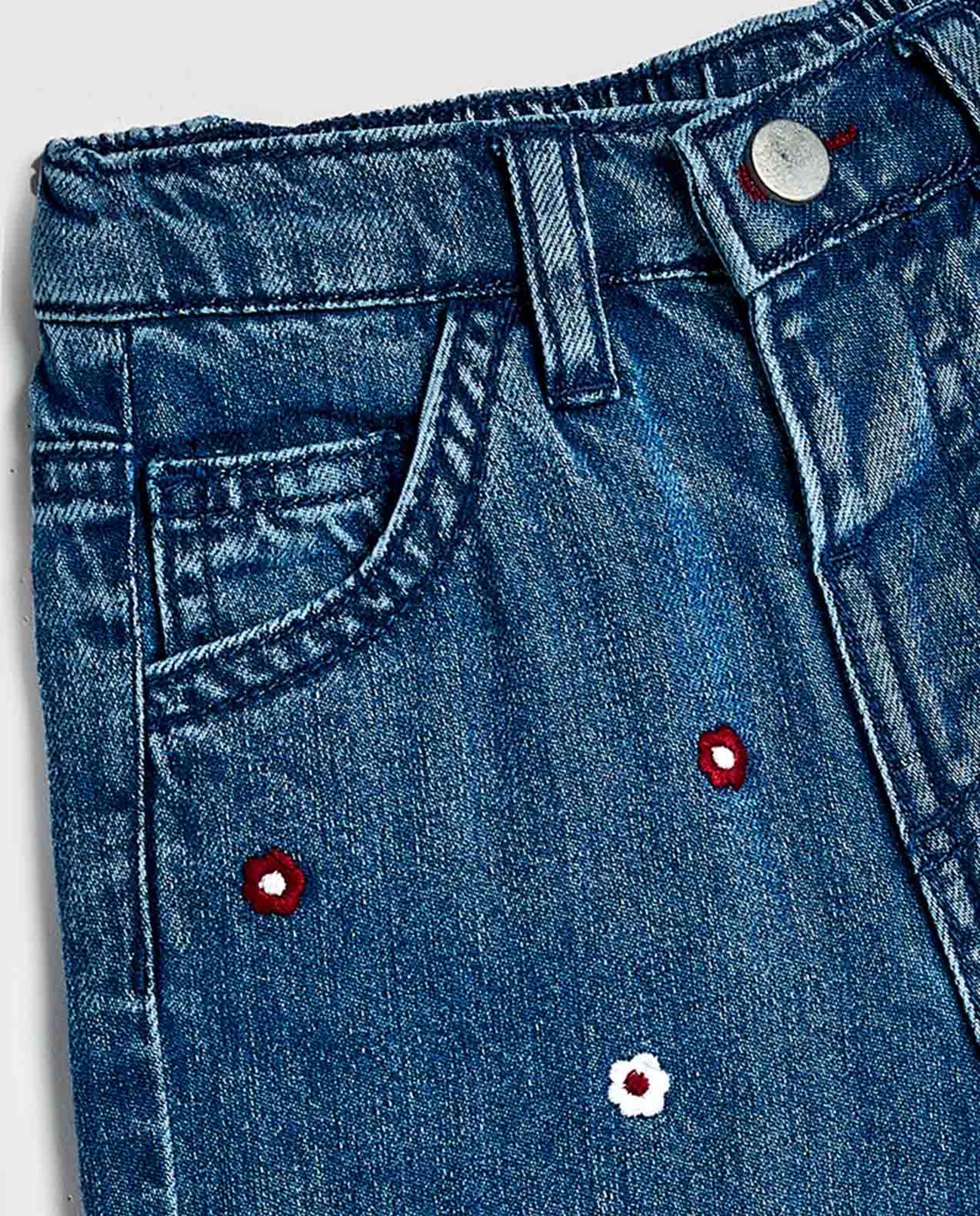 Embroidered Wide Leg Jeans with Button Closure