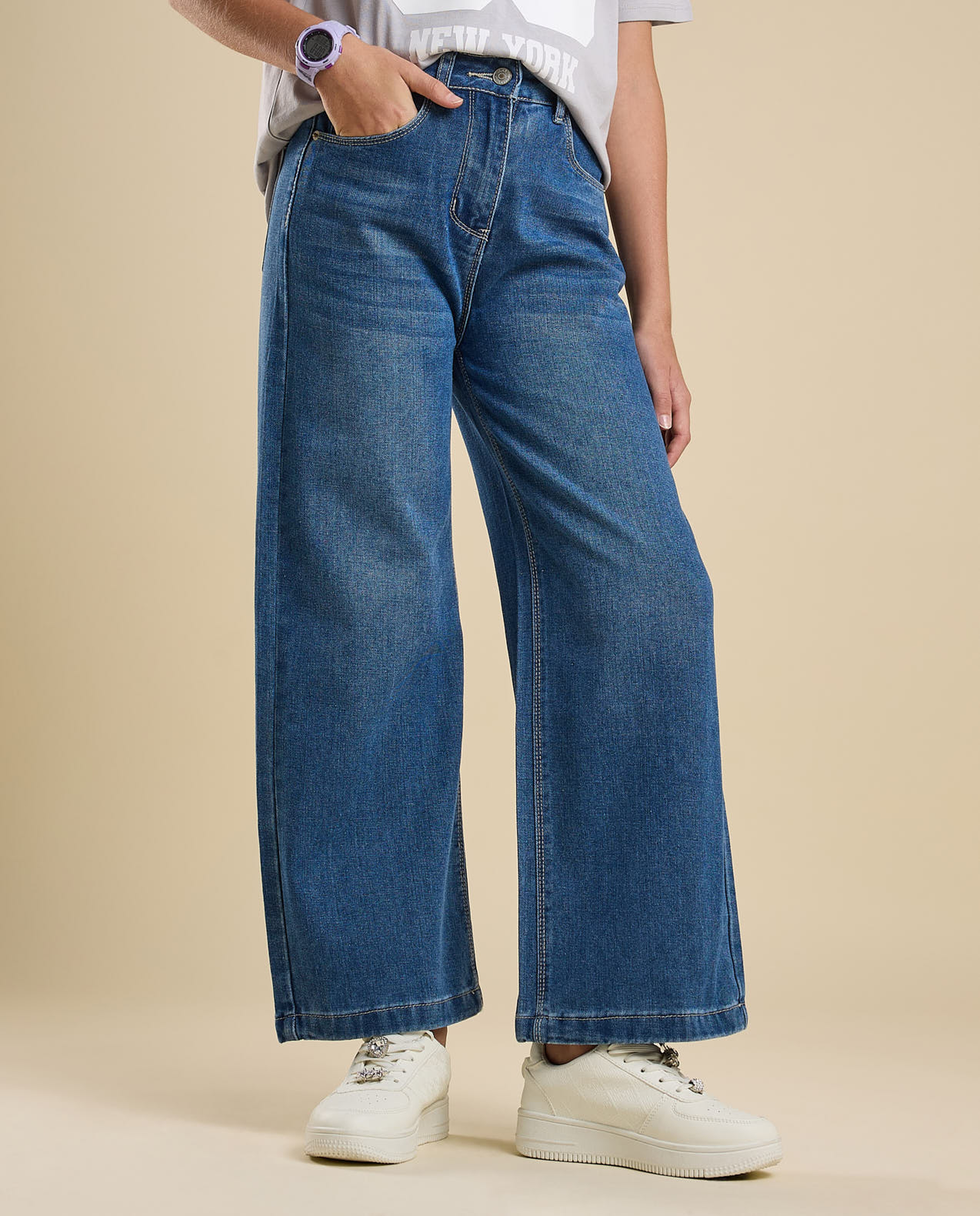 Faded Wide Leg Jeans with Button Closure