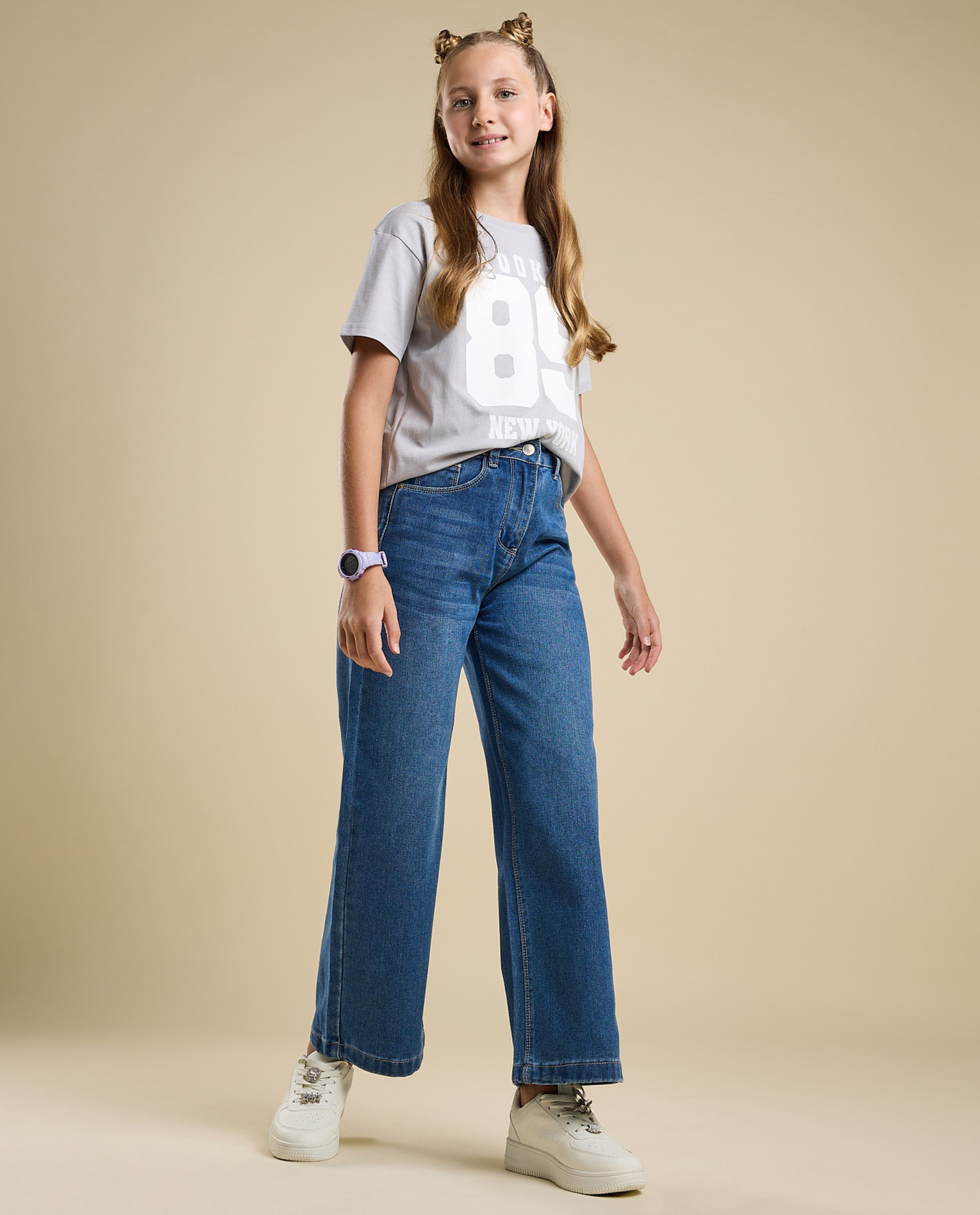 Faded Wide Leg Jeans with Button Closure