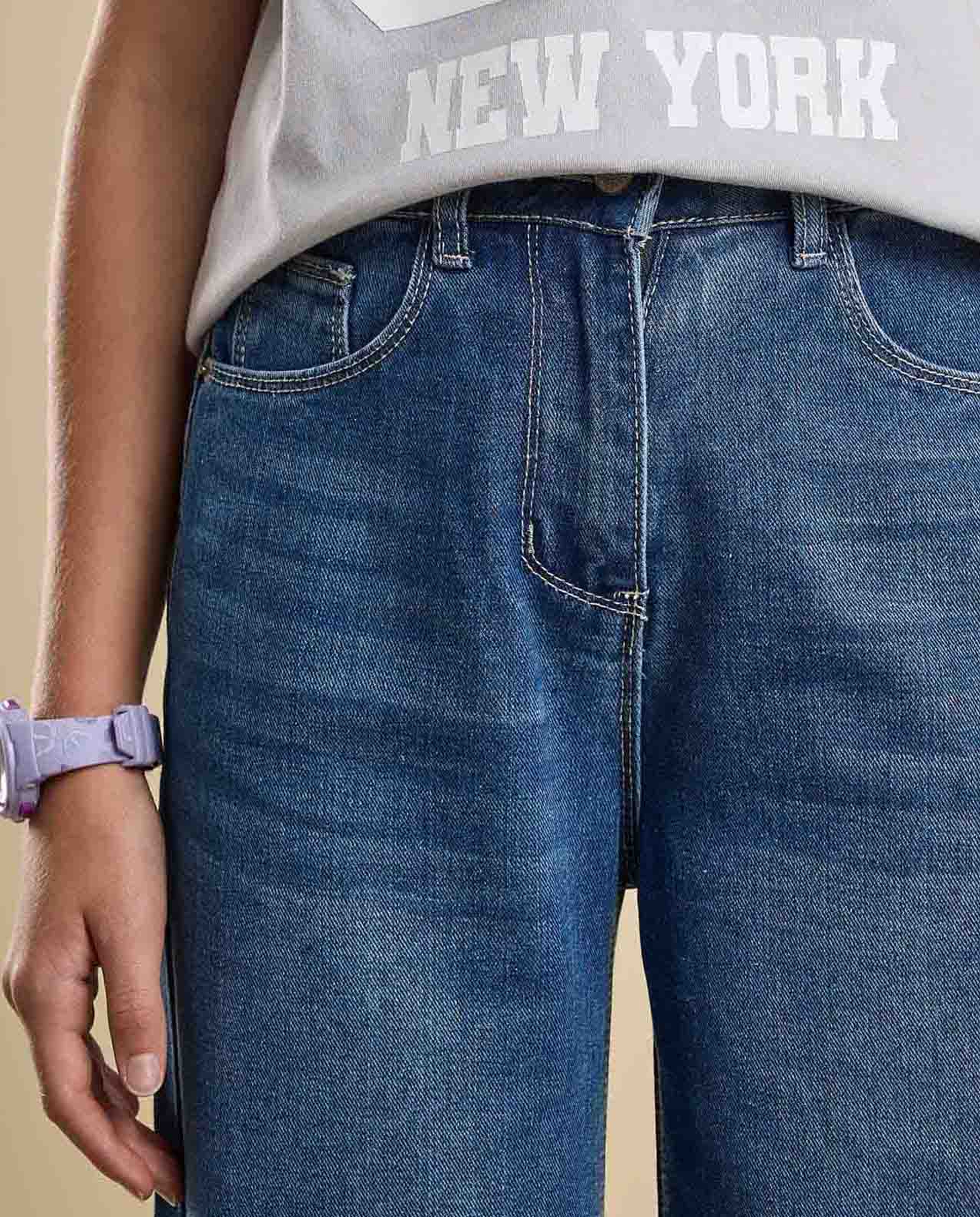 Faded Wide Leg Jeans with Button Closure