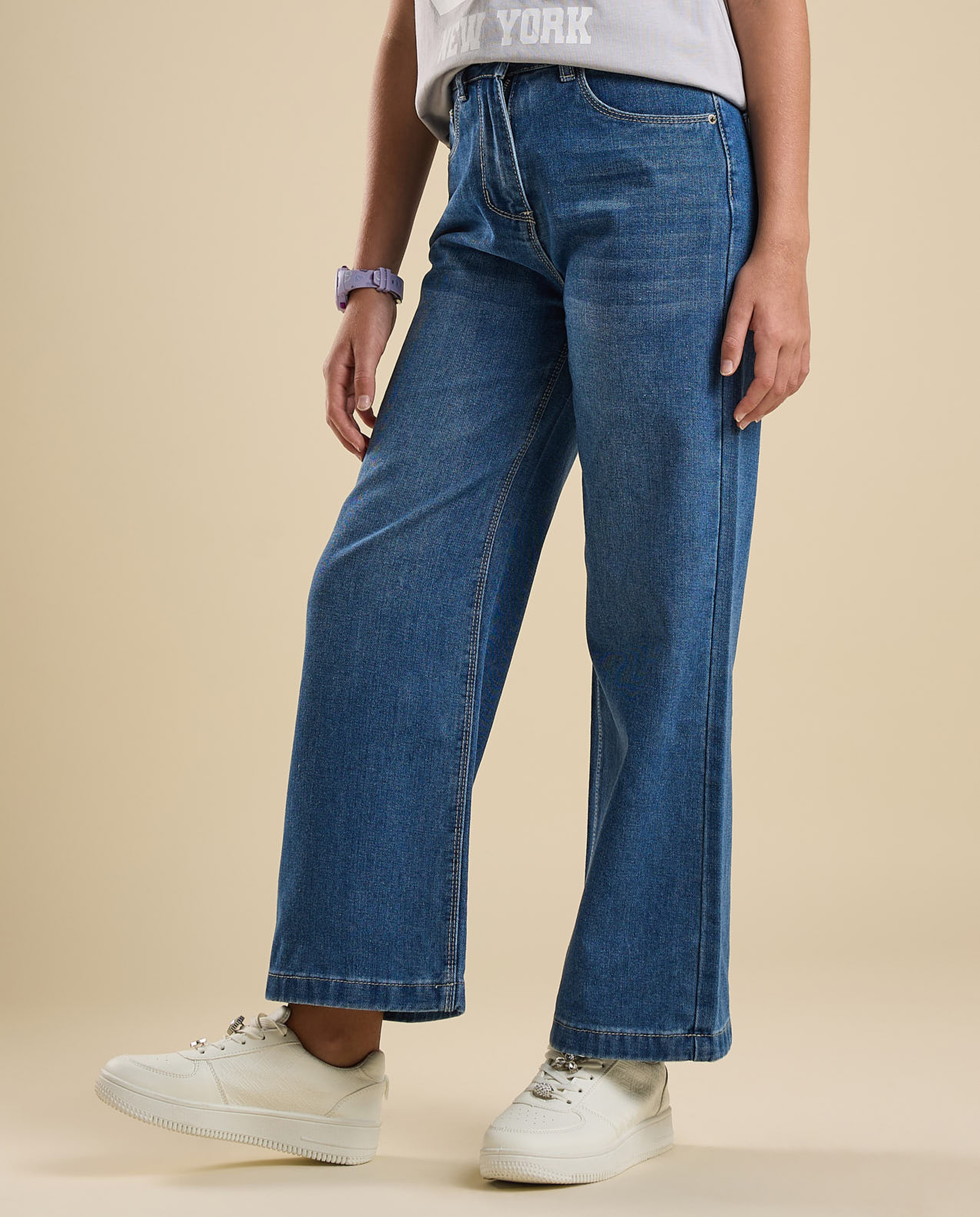 Faded Wide Leg Jeans with Button Closure