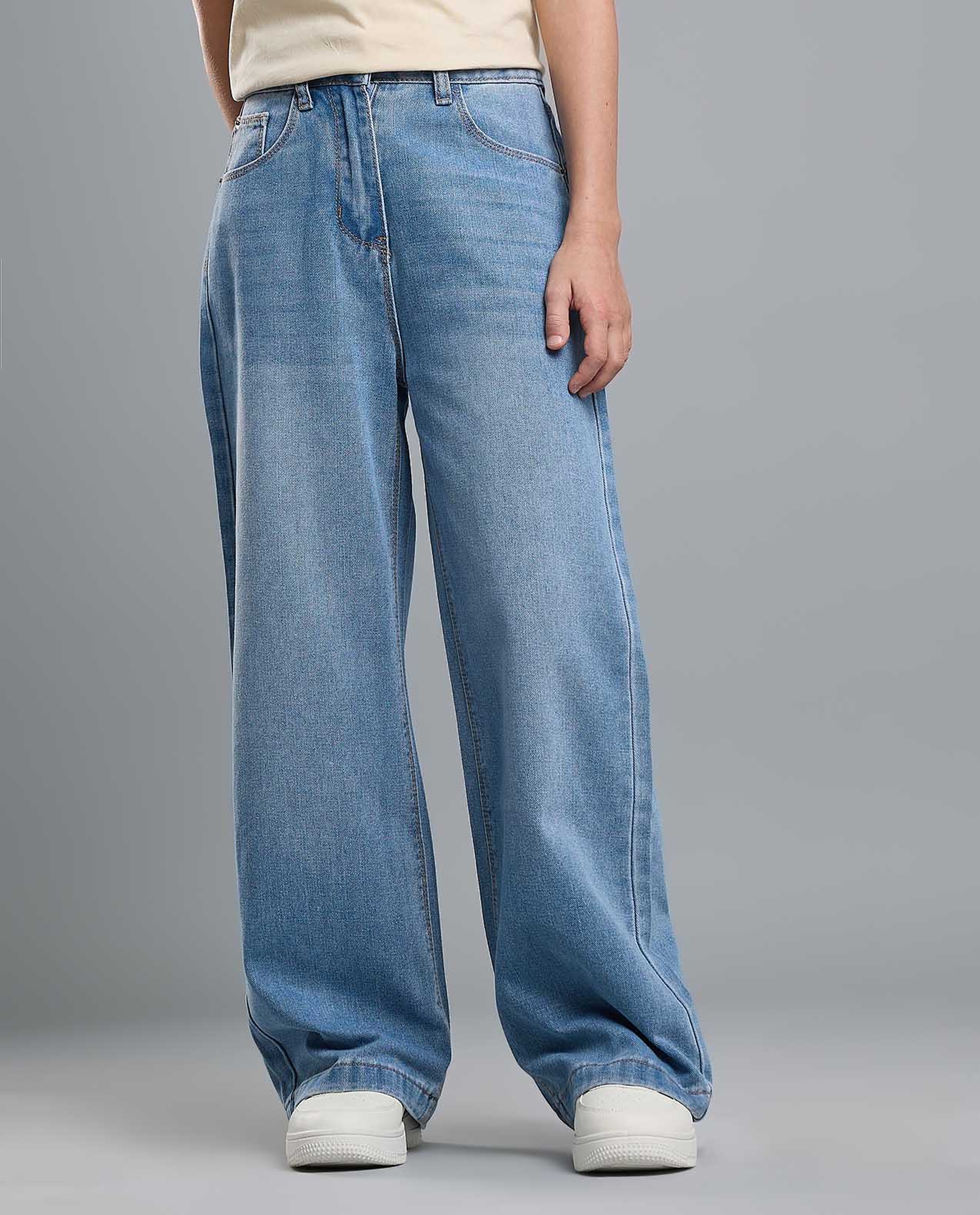 Faded Wide Leg Jeans with Button Closure