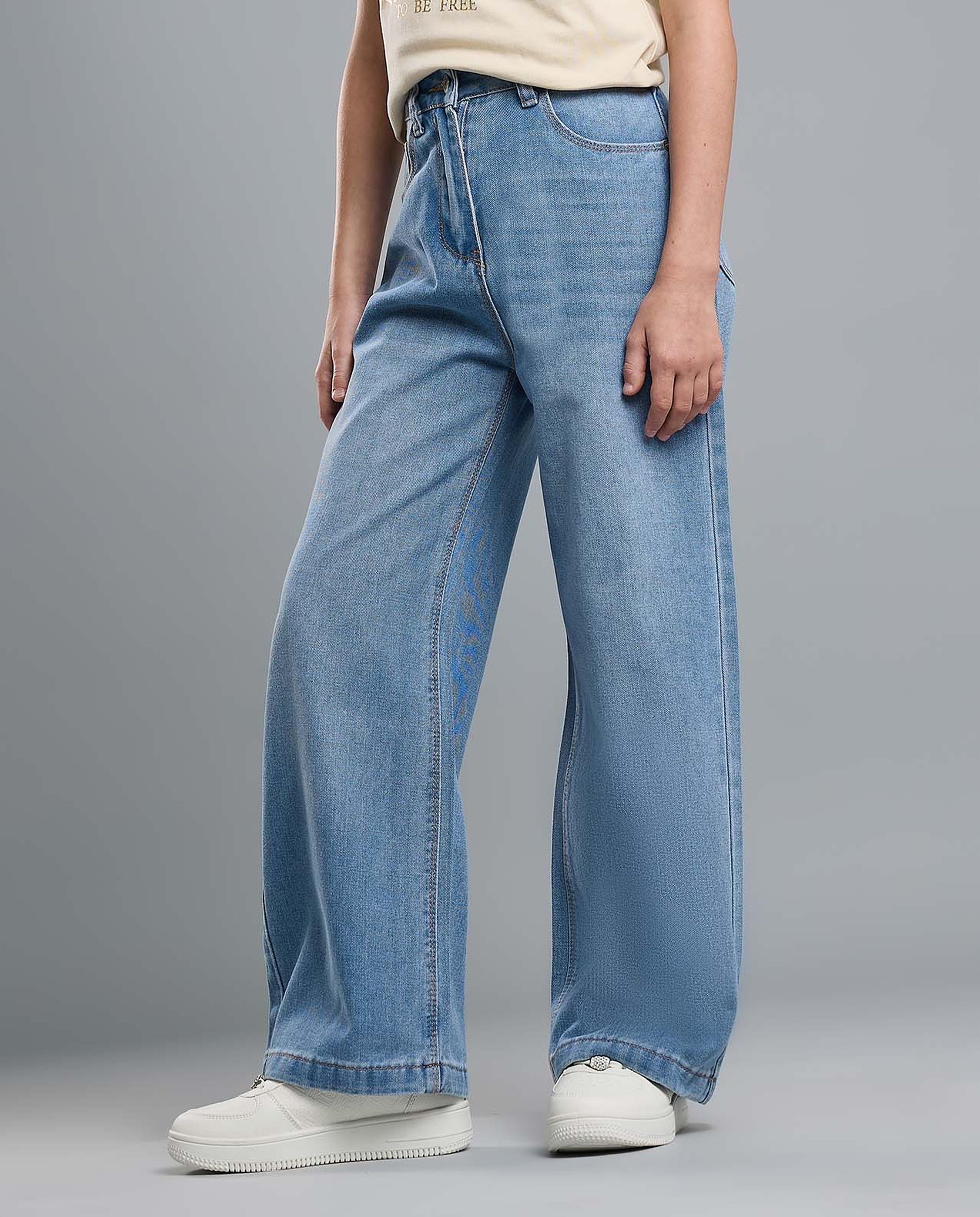Faded Wide Leg Jeans with Button Closure