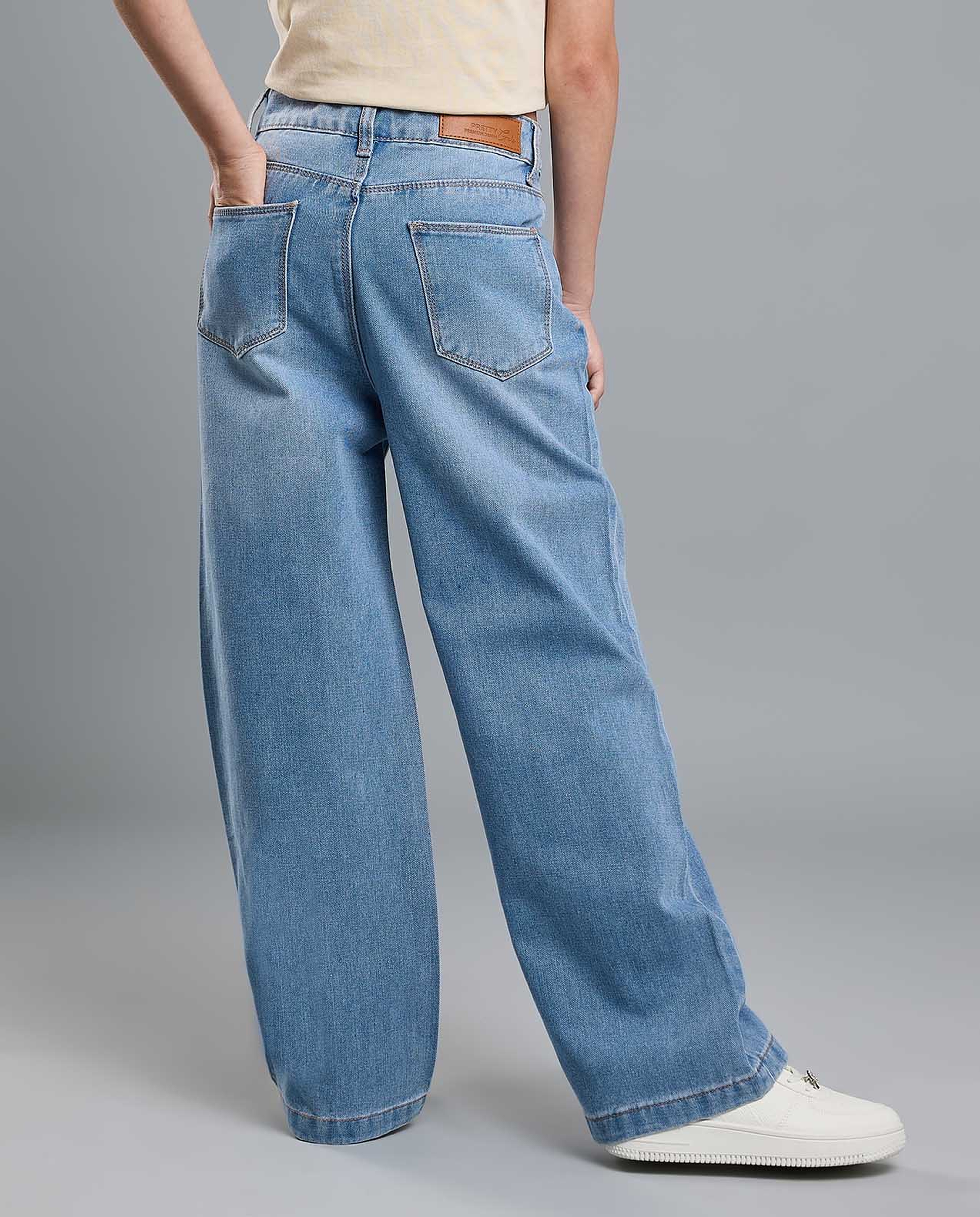 Faded Wide Leg Jeans with Button Closure