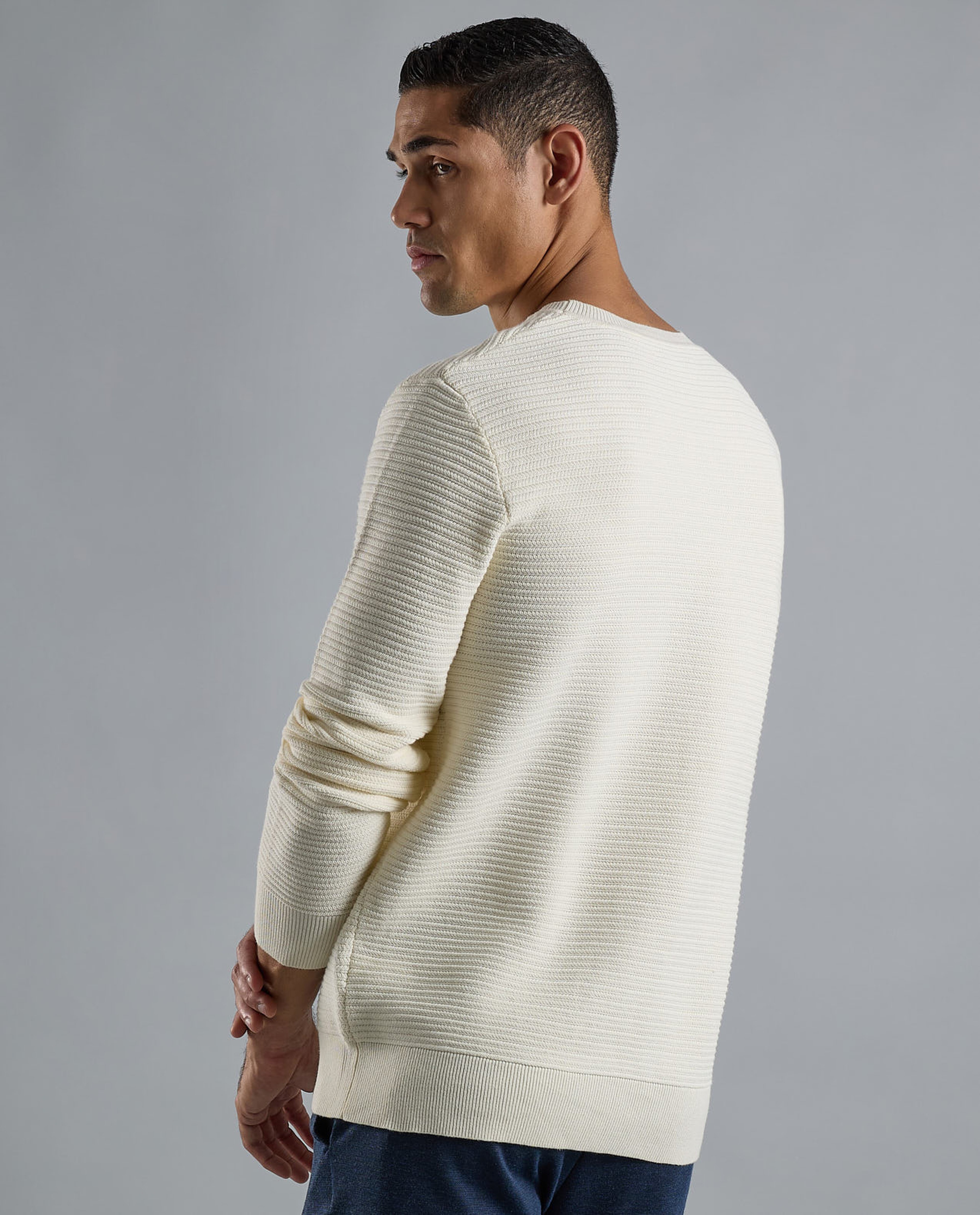 Textured Sweater with Crew Neck and Long Sleeves